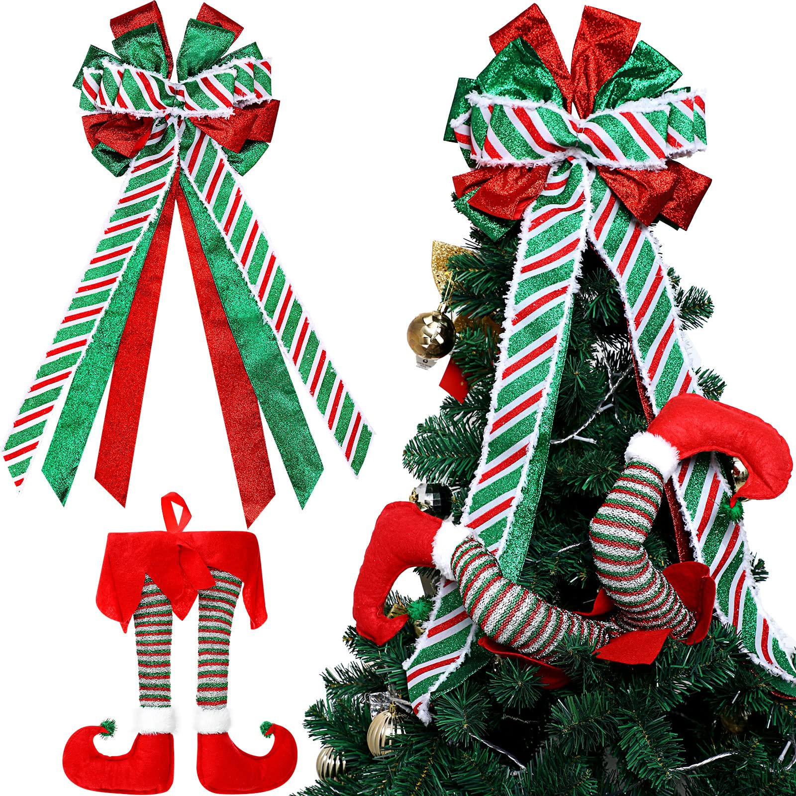 2 Pcs Christmas Tree Topper Christmas Elf Stuffed Legs Large Decorative Bow with Streamer Christmas Tree Legs Stuck Tree Topper Decorations Christmas Toppers Bow for Christmas Tree Decoration (Red)