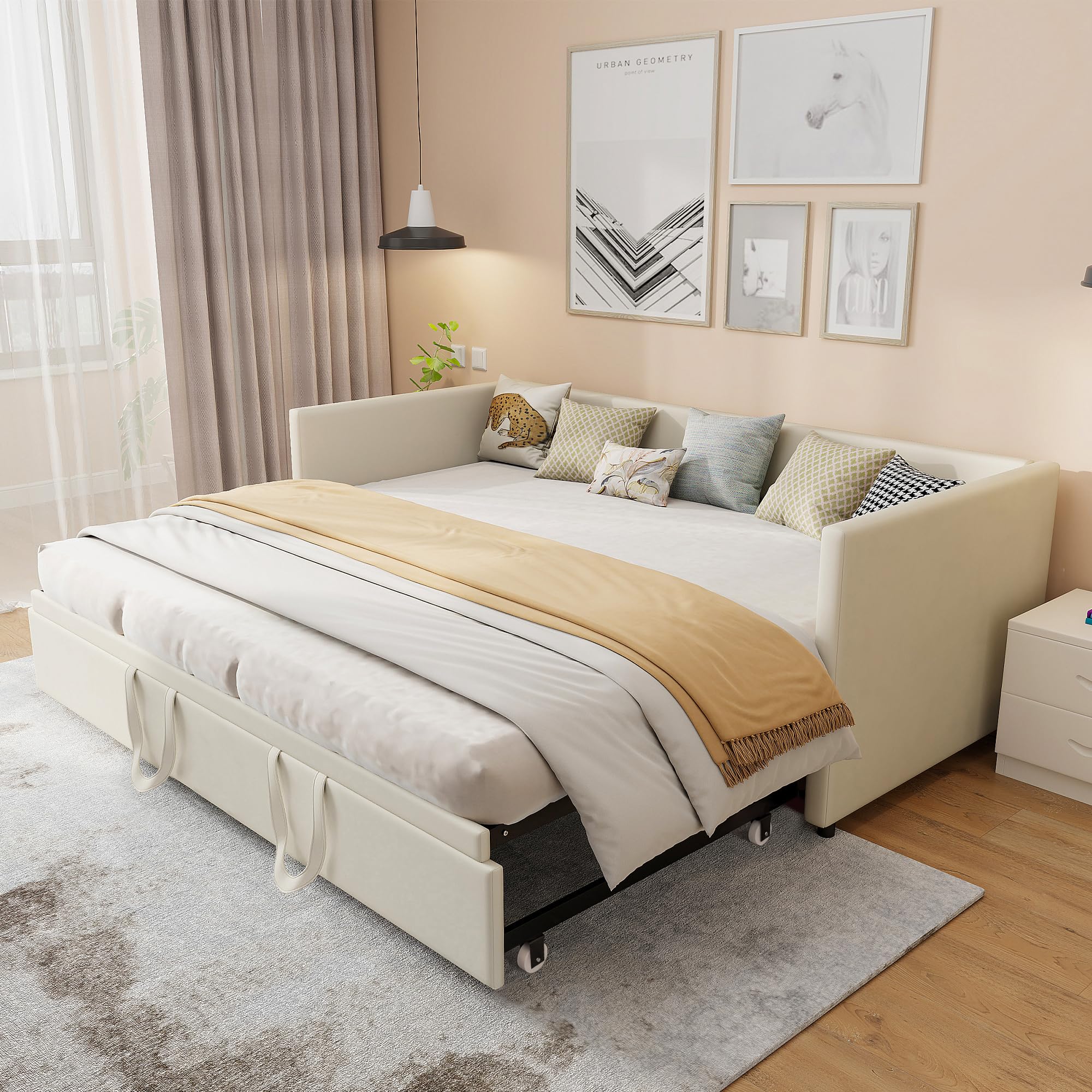 Cama de día extensible 90 x 200/180 x 200 – Sofá cama tapizada con cama plegable y somier de láminas, sofá cama doble de terciopelo beige, sin colchón