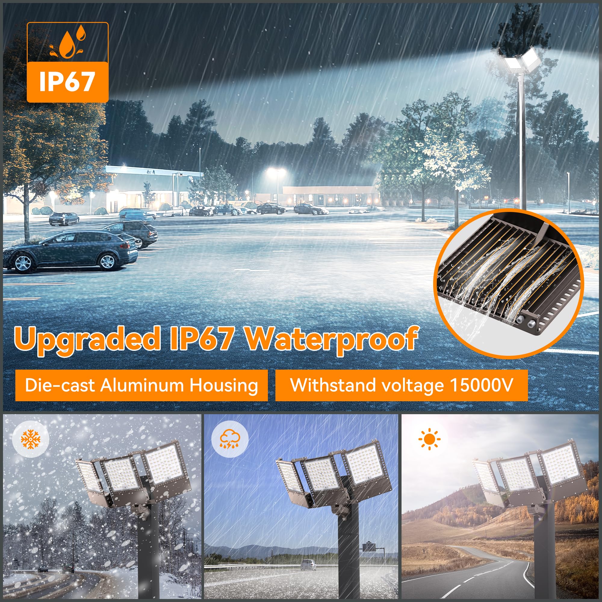 SOLLA 450W LED Parking Lot Light – 67,500 Lumens, 5000K Daylight, Dusk To Dawn Sensor, IP67 Waterproof, Adjustable Slip Fitter, 3-Head Flood Light