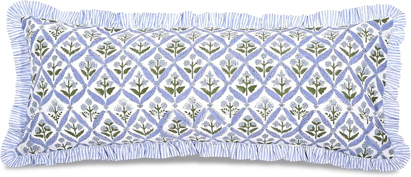 Ridhi Block Print Light Steel Blue 36"x14" Set 1-100% Cotton Ruffle Lumbar Sham Cover Boho Floral Pillowcase, Farmhouse Cottagecore Bedding, Soft Decorative Cover Gift for Spring, Easter, Valentine