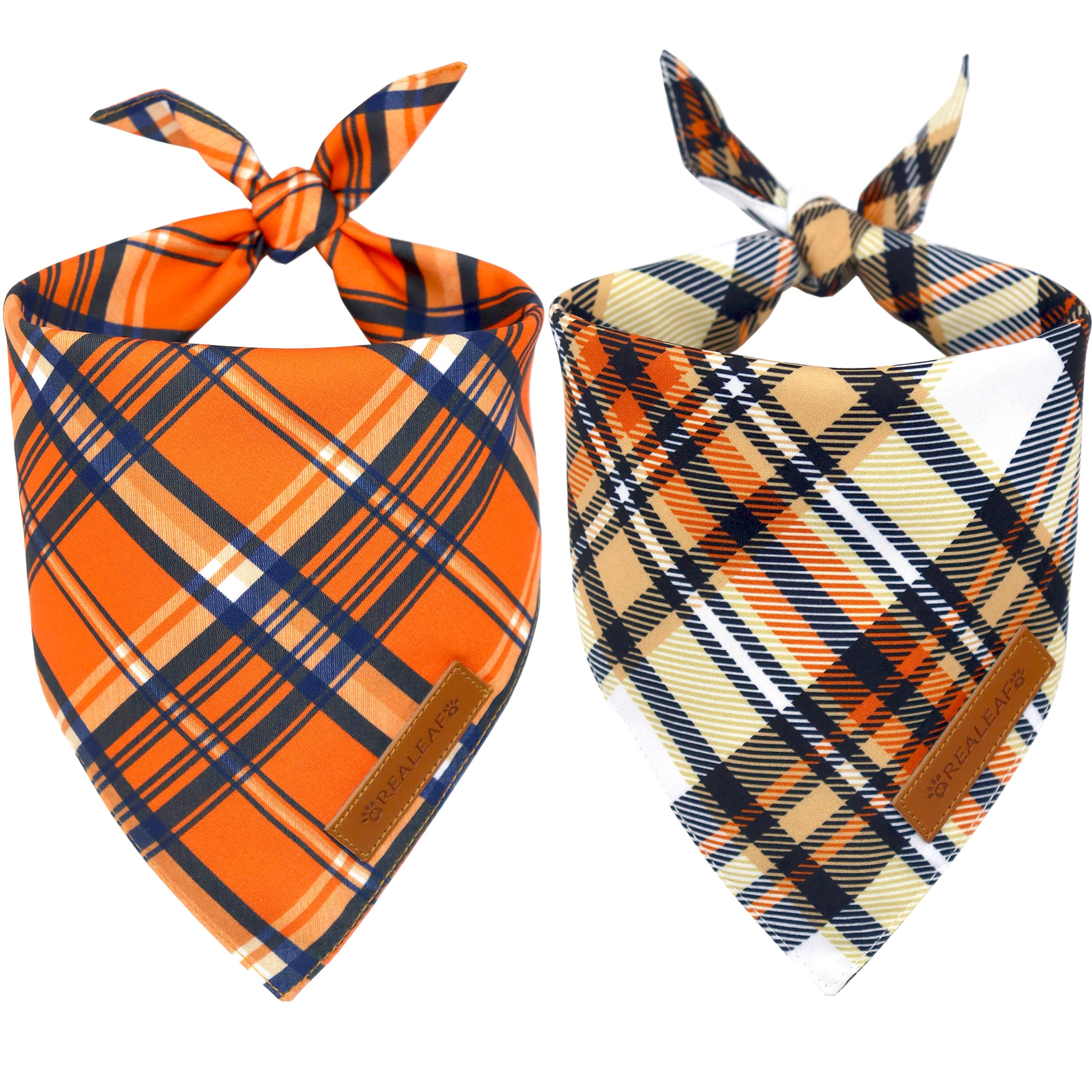 Realeaf Fall Dog Bandanas 2 Pack, Reversible Orange Plaid Holiday Pet Scarf for Boy and Girl, Premium Durable Fabric, Halloween Thanksgiving Bandana for Medium and Large Dogs (Large)