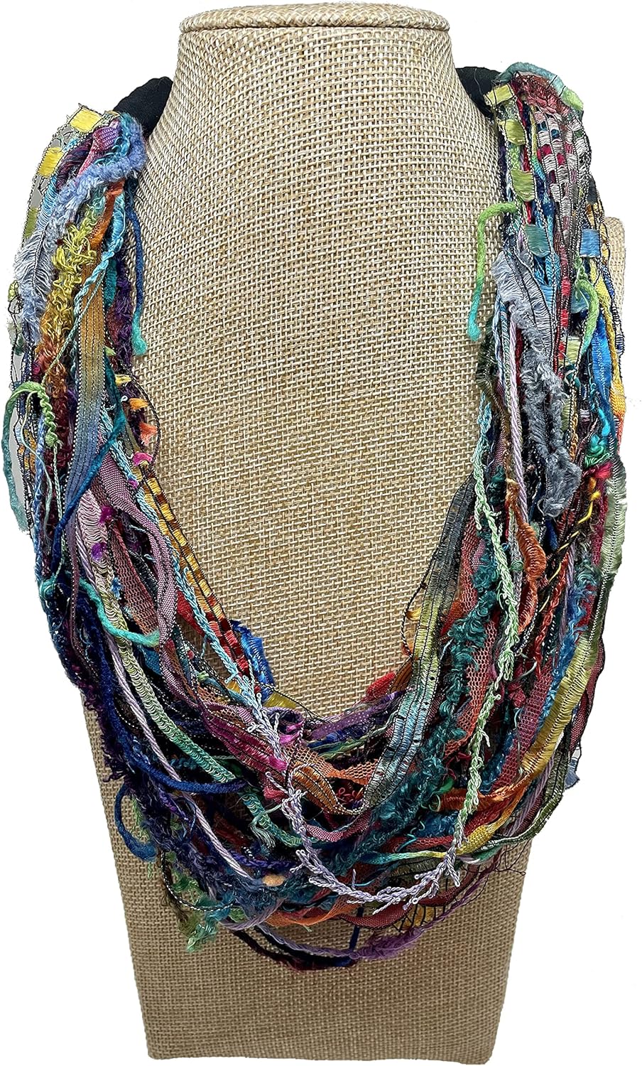 LRWDESIGNS Women's Handmade Adjustable Multi-Strand Scarf Necklace - Bright Hand-Dyed Yarns & Ribbons, 40 Colorful Strands