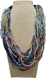 LRWDESIGNS Women's Handmade Adjustable Multi-Strand Scarf Necklace - Bright Hand-Dyed Yarns & Ribbons, 40 Colorful Strands