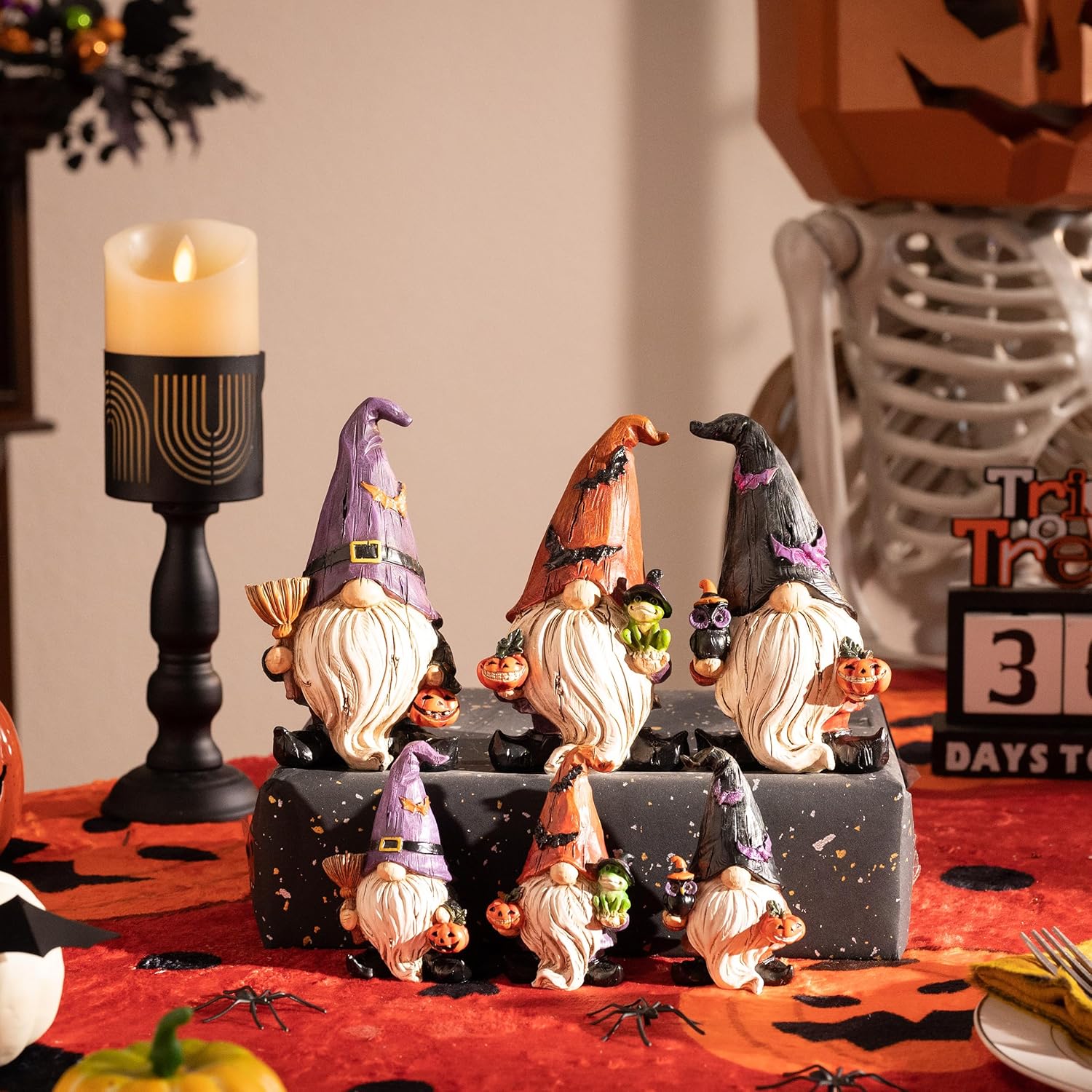 Valery Madelyn Gnomes Halloween Decorations Indoor, 3 Pcs Resin Gnome Decor for Home with Bat Witch Hat, Halloween Figurines Elf Dwarf with Broom Jack O Lantern for Table Tiered Tray Outdoor, 3.6"