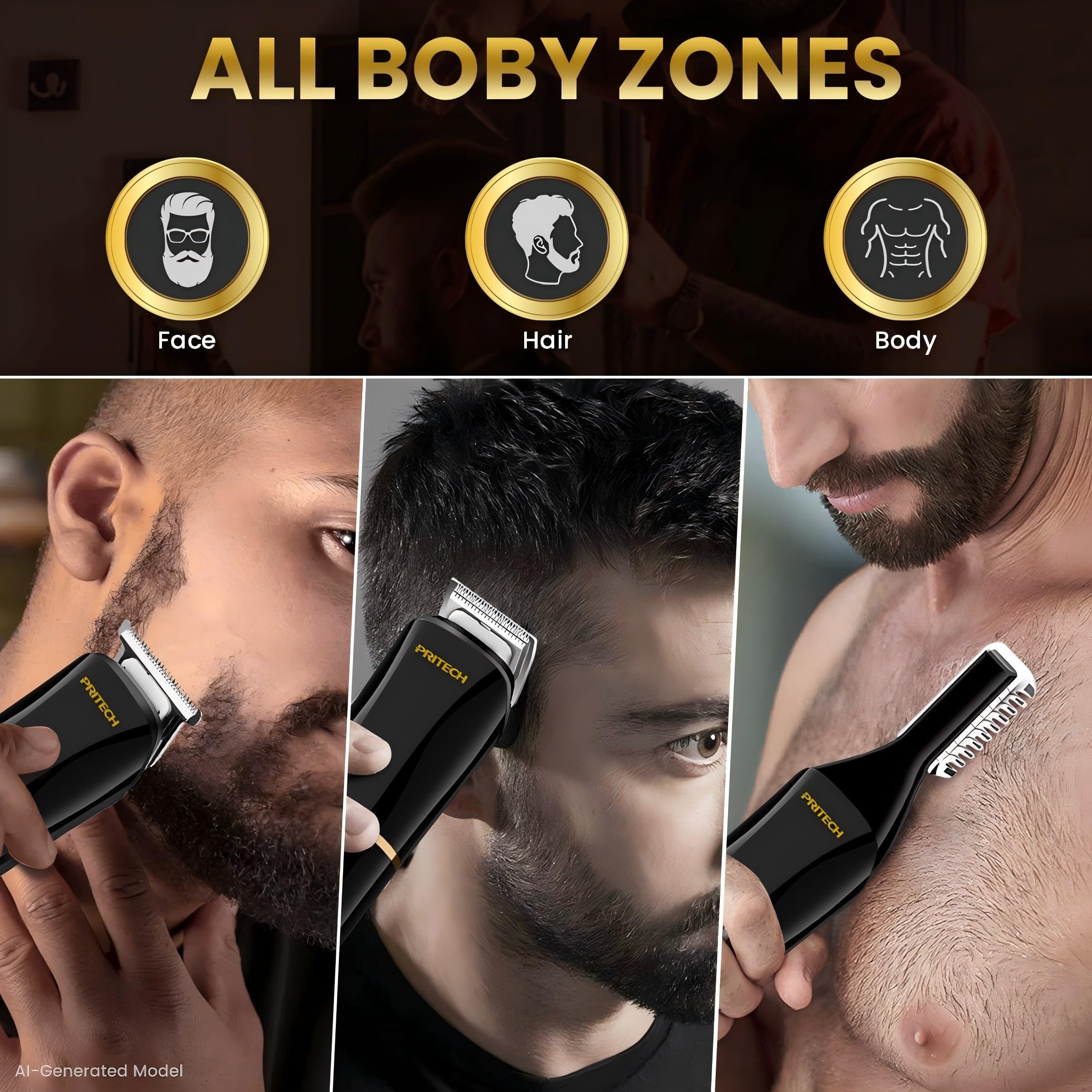 PRITECH Recortadora de barba para hombre, kit de recortadora de barba 6 en 1, recortadora de barba eléctrica con cabello, precisión, cuerpo, nariz, navaja de aluminio, kit de aseo impermeable IPX6