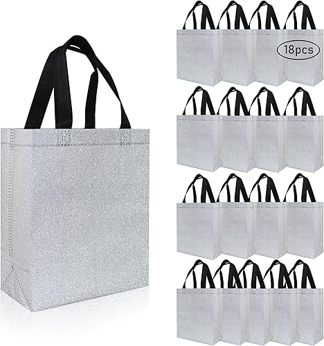 CHENGBAI TOTE 18 bolsas de regalo pequeñas reutilizables, bolsas de regalo plateadas brillantes para festividades, a granel con base, 7.7 x 4 x 9.8