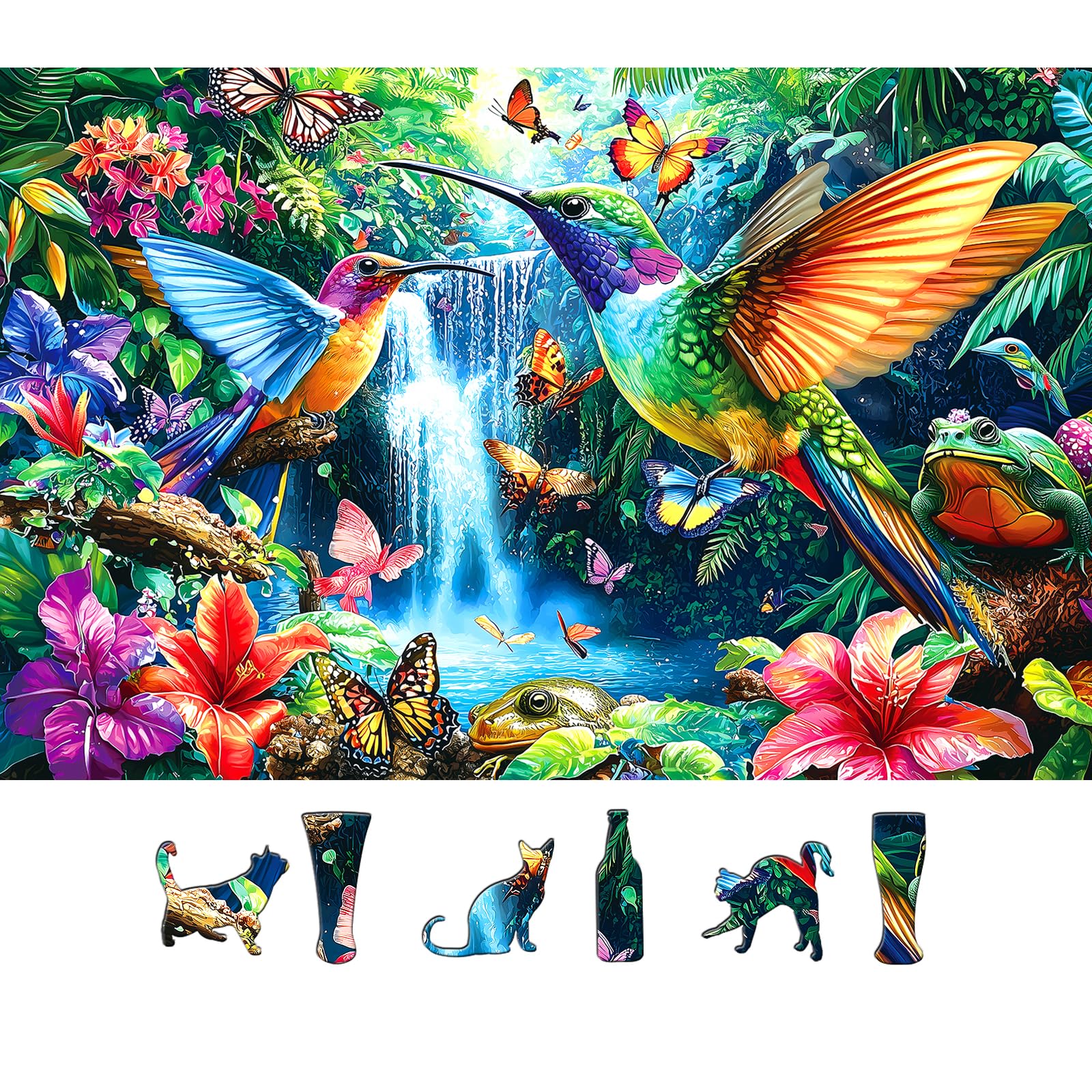 Tropical Birds Flowers 500 Piece Jigsaw Puzzle for Adults Hummingbird Waterfall Scene with Butterflies &amp; Flowers Nature Puzzle Fun Adult Family Relaxing Activity Seniors - 23x15 Inch