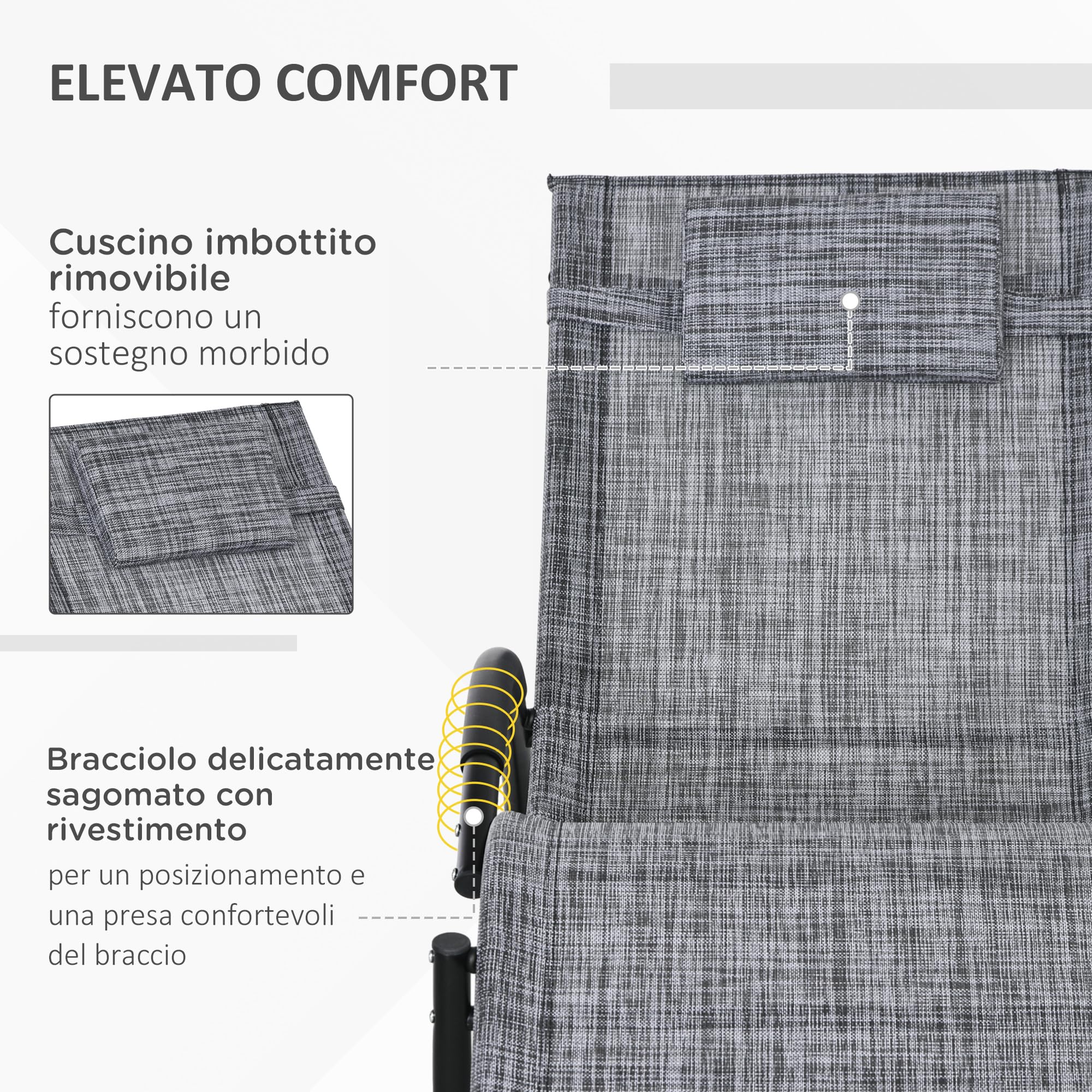 Outsunny Sdraio a Dondolo Zero-Gravity da Giardino, Lettino Prendisole Impermeabile con Poggiatesta, 155 x 61 x 88 cm, Grigio