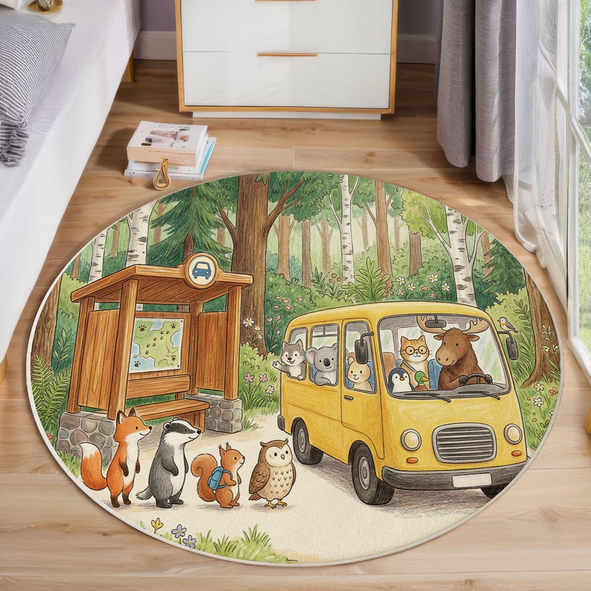 Tappeto Rotondo Bambini In Stile Fiaba Della Foresta Tappeto a Pelo Corto Fox Bus Antiscivolo, Lavabile In Lavatrice per Salotto, Cameretta dei Bambini, Dimensione: 140cm, Verde