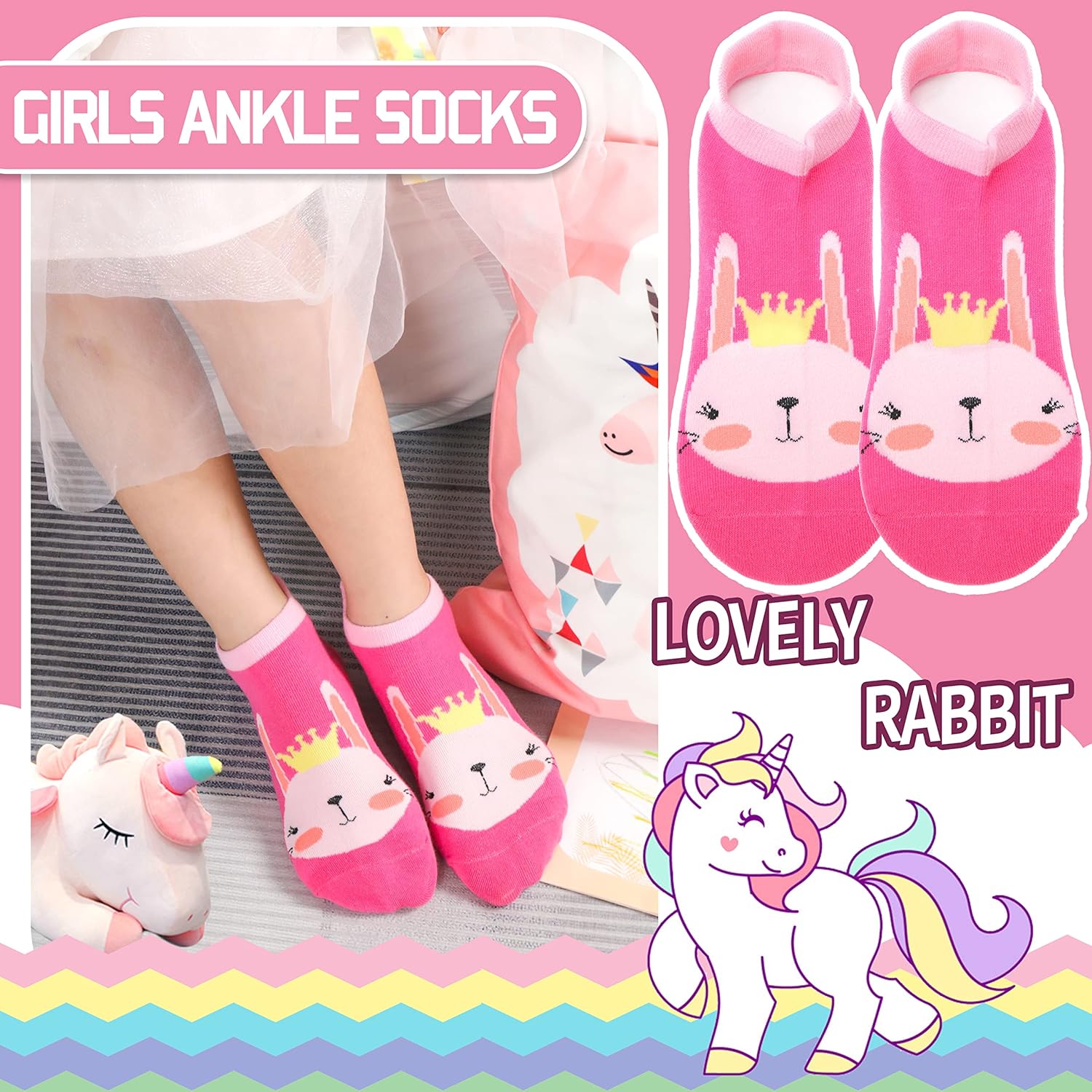ANTSANG Kids Girls Toddler Unicorn Ankle Socks Cute Silly Cartoon No Show Funny Novelty Fashion Cotton Socks 6 Pairs - Image 2