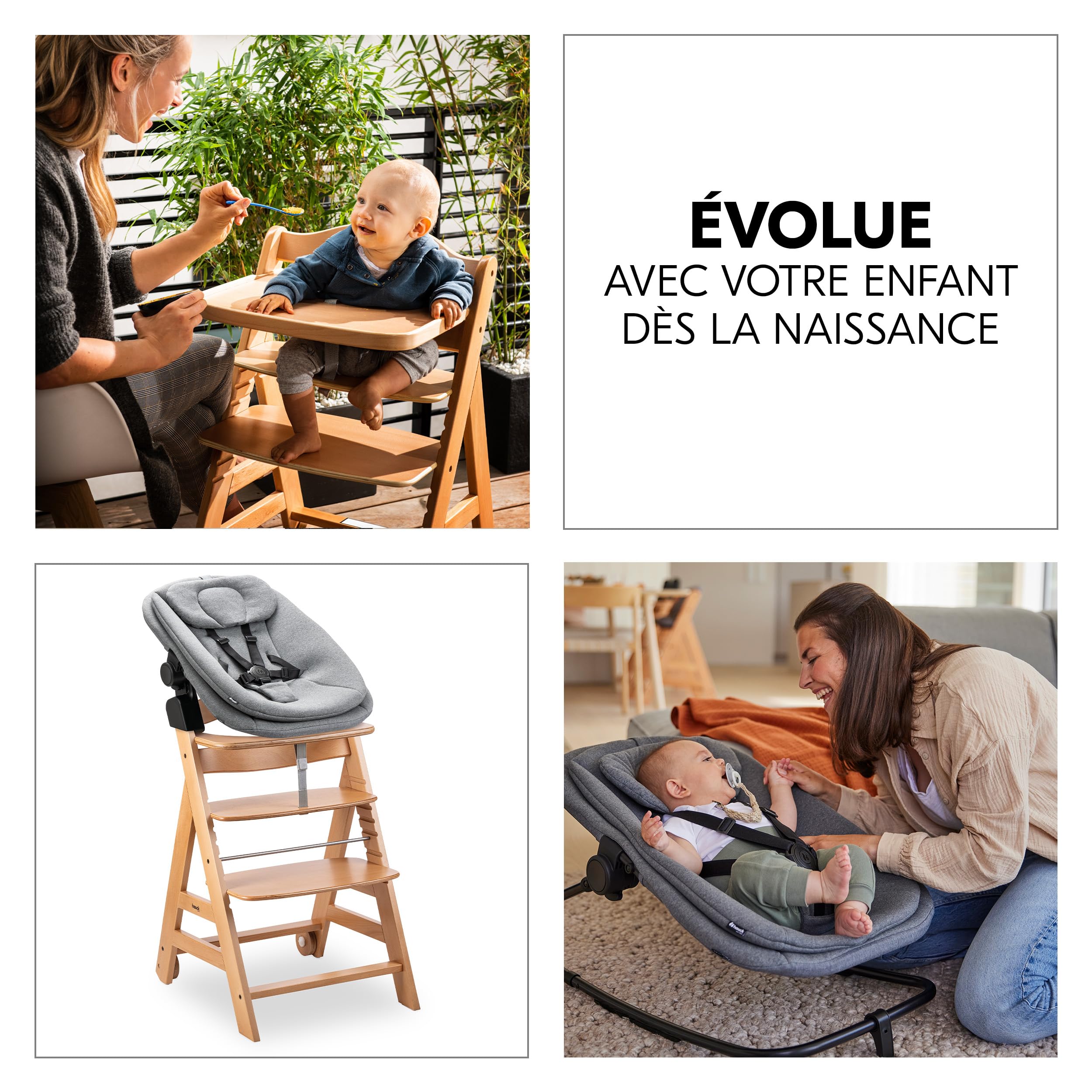 hauck Chaise Haute Bébé Beta+ avec Siège Highchair Bouncer - Natural | Chaise haute évolutive en bois, de la naissance à 90 kg, inclus assise bébé ergonomique, roues, plateau repas, coussin