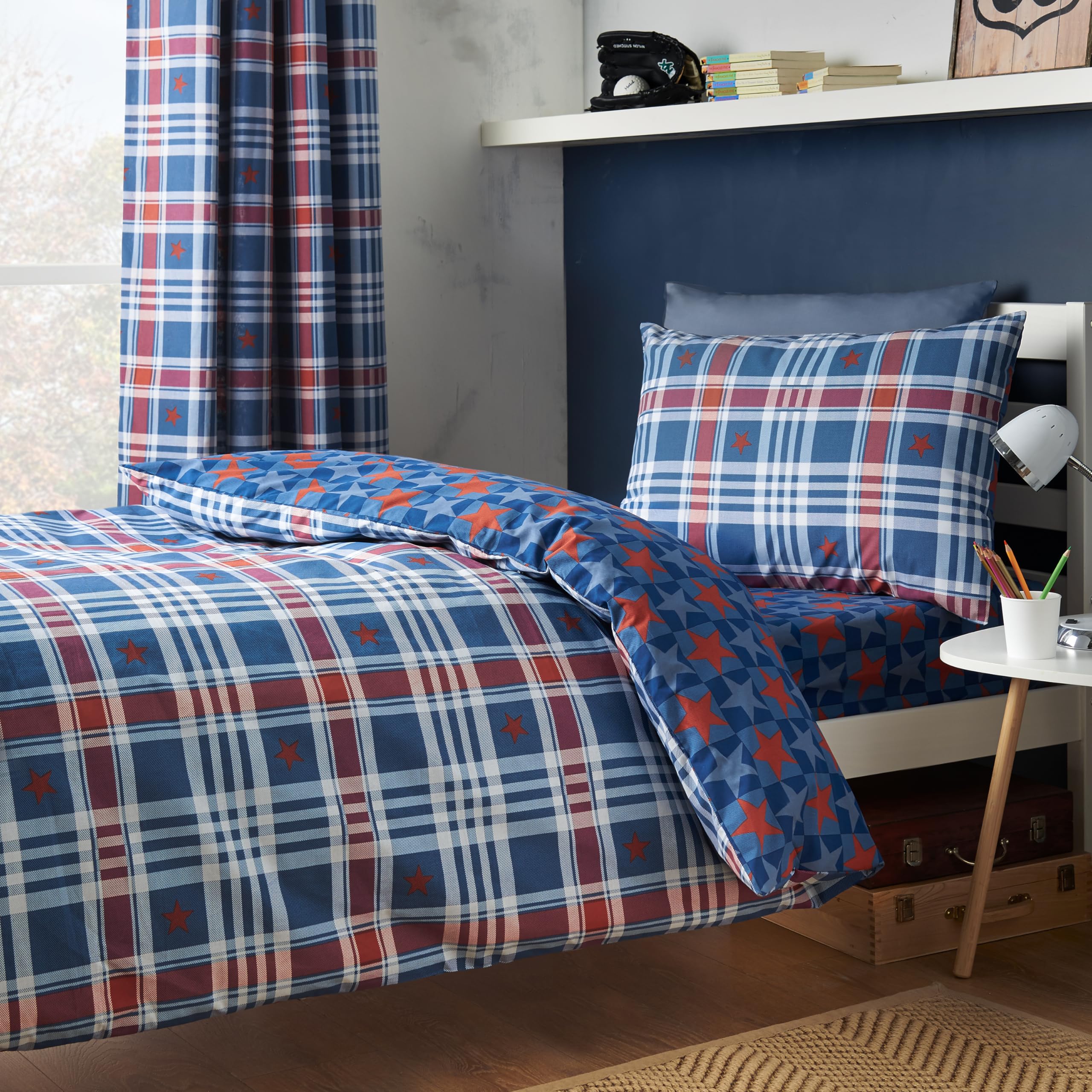 Catherine Lansfield Stars And Check Reversible Single Duvet Cover Set with Pillowcase Blue