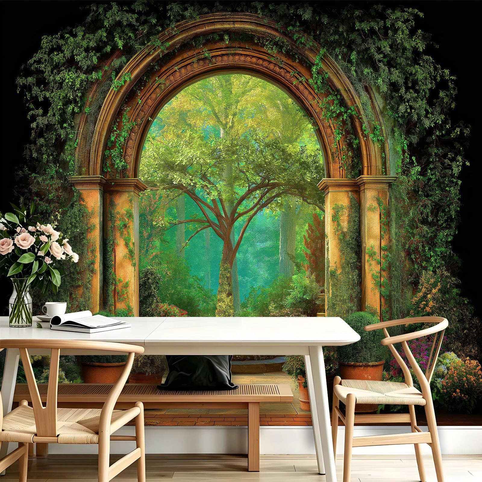 Générique Panoramiczna tapeta z naturalnego lasu, kamienny łuk 3D ogród fresk ścienny z włókniny 200 x 140 cm - dekoracyjna fototapeta ścienna do salonu pokój dziecięcy restauracja kuchnia