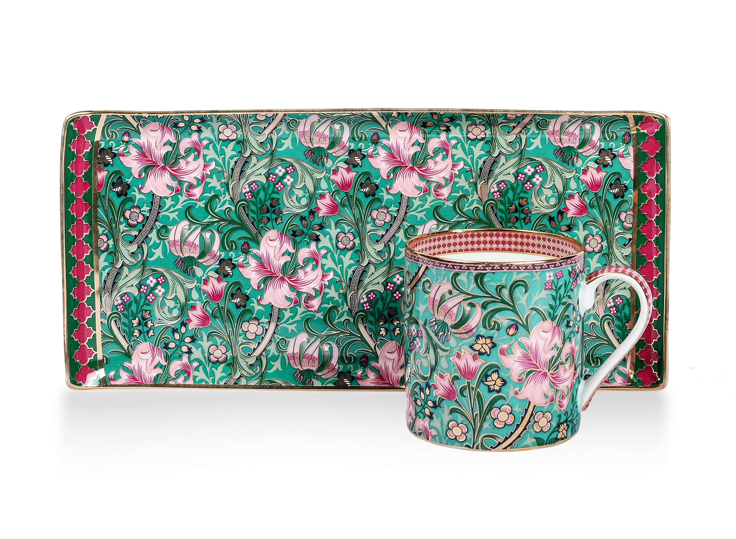 Moksha Craft 24K Gold Plated Ceramic Rectangular Tray with 1 Mug Color- Green