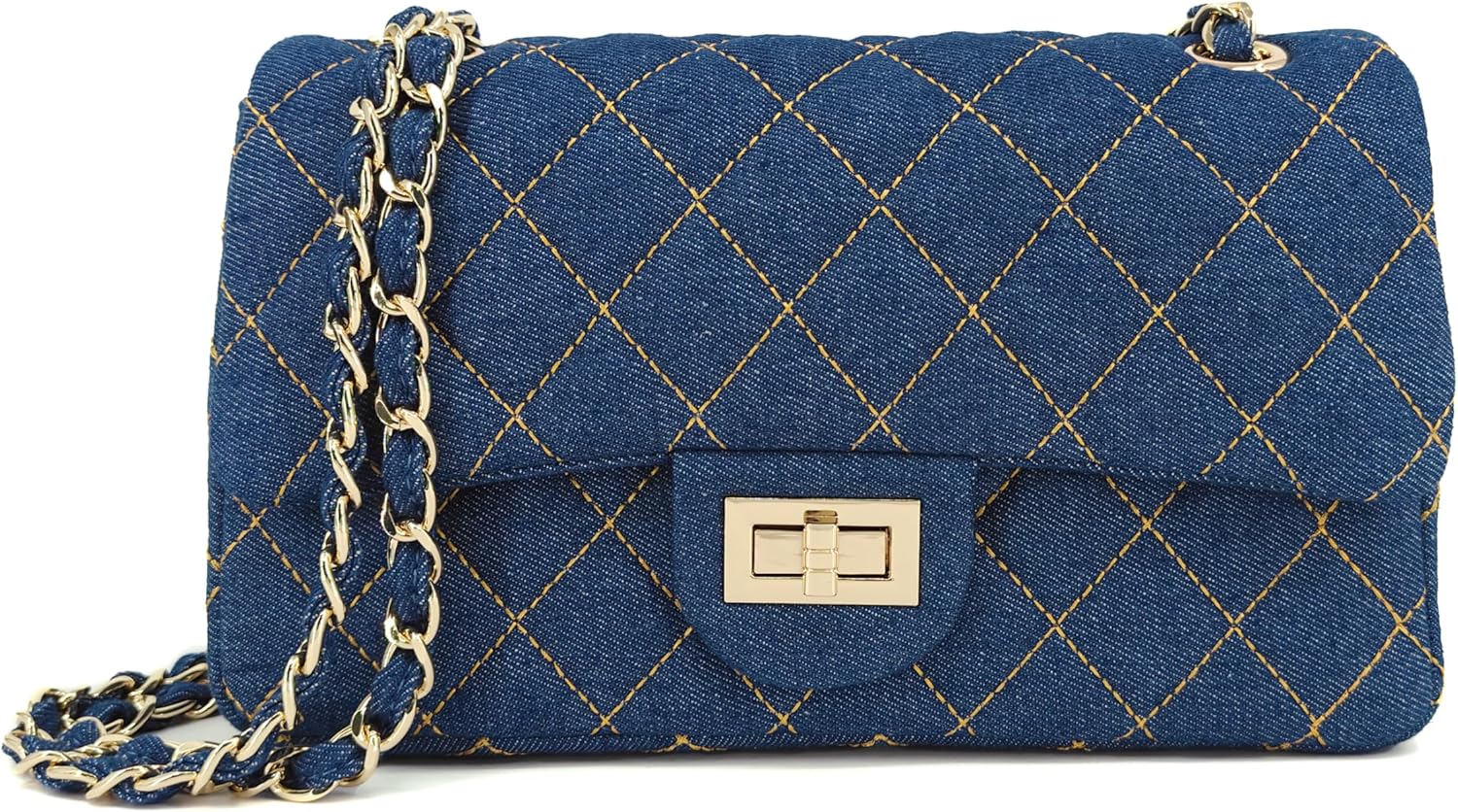 Quilted Denim Crossbody Bags for Women, Chain Strap Shoulder Bags, Medium Double Flap Purse, Gold Hardware Jean Purse - Image 8