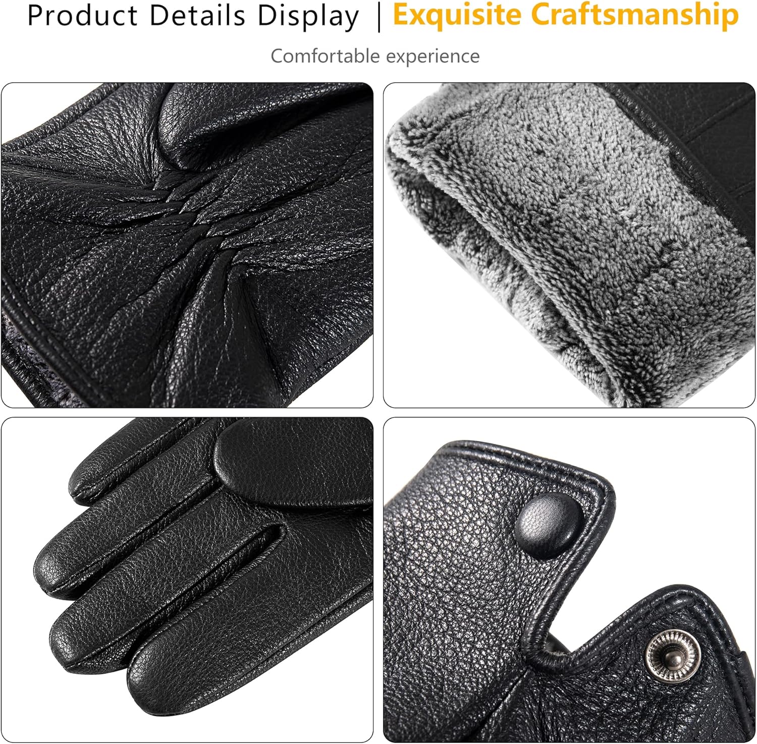 QOF Winter Genuine Leather Gloves for Men, Cashmere Warm Lined Finger Touchscreen Texting Driving Gloves - Image 2