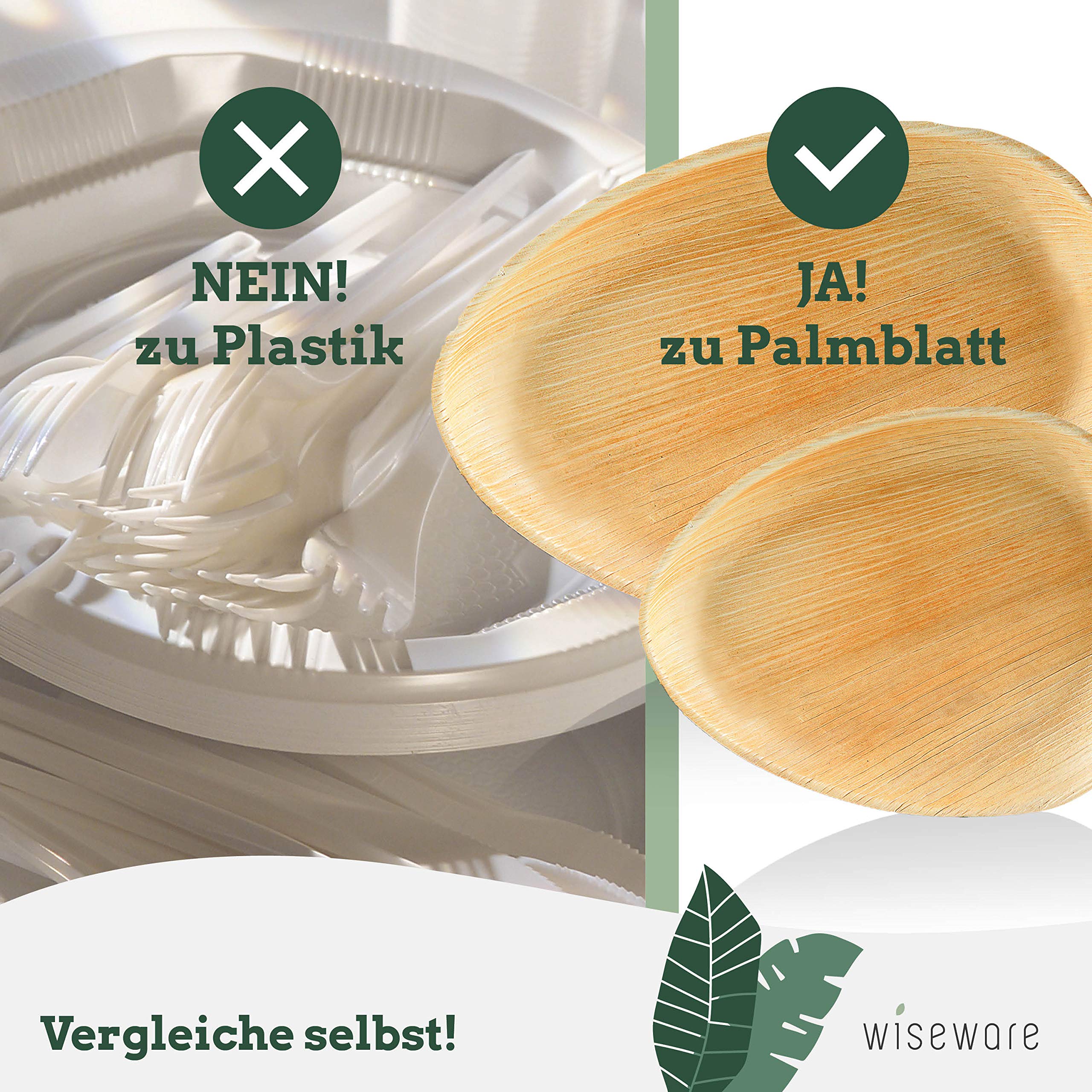Wiseware Talerze z liści palmowych w kształcie kropli – 200 sztuk jednorazowych talerzy owalnych Ø 26 cm – biodegradowalne naczynia z liści palmowych – naczynia imprezowe z możliwością kompostowania –