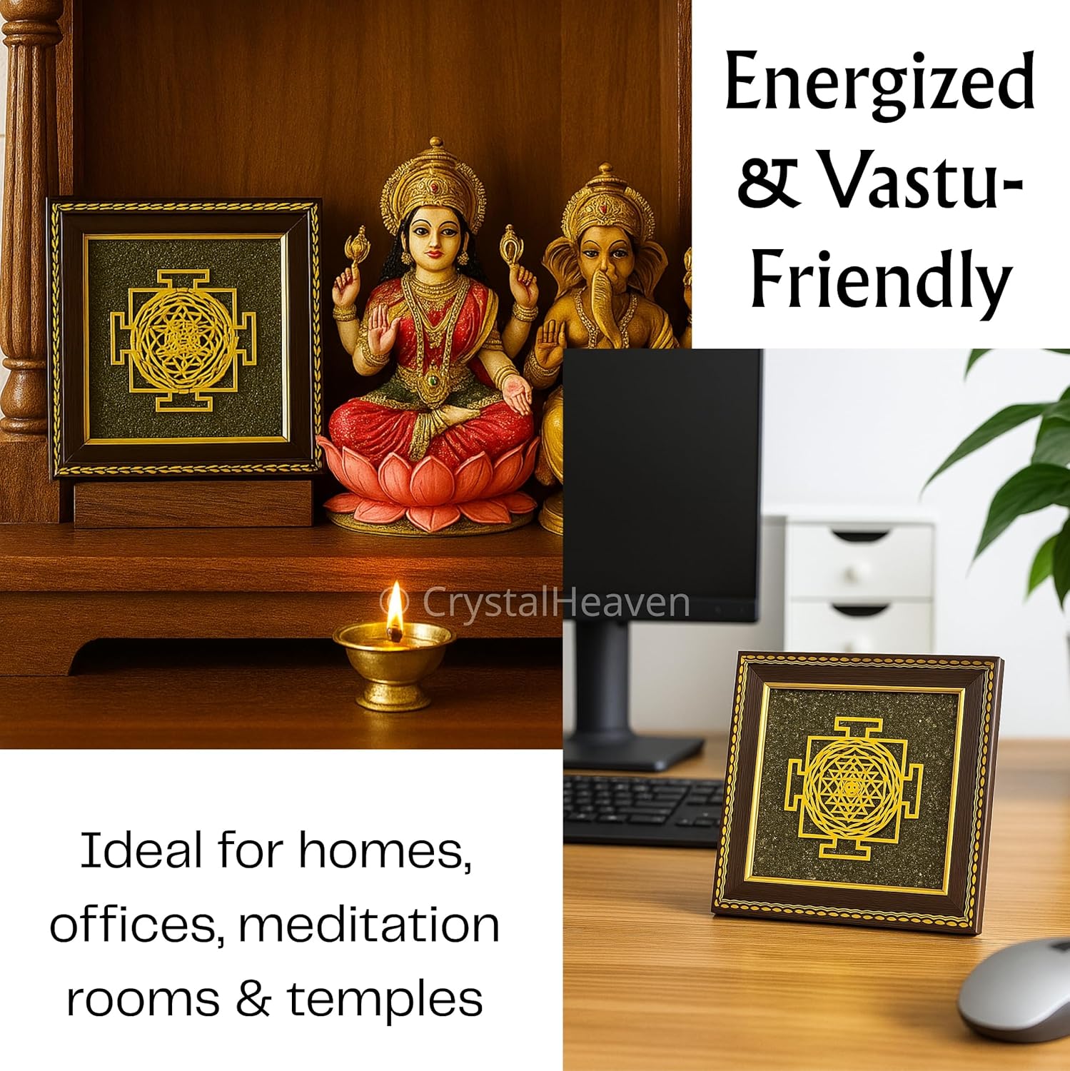 Pyrite Stone Frame with Shree Yantra to Attract Money, Protection and Chakra Healing - Wooden Photo Frame Wall Decor Items for Living Room with Original Pyrite Dust for Money Success