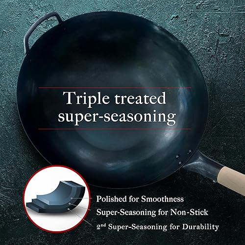 Miniatura 6 de Mammafong Sartén de wok tradicional de acero al carbono de 16 pulgadas con fondo plano grande  Auténticos woks martillados a mano y sartenes para