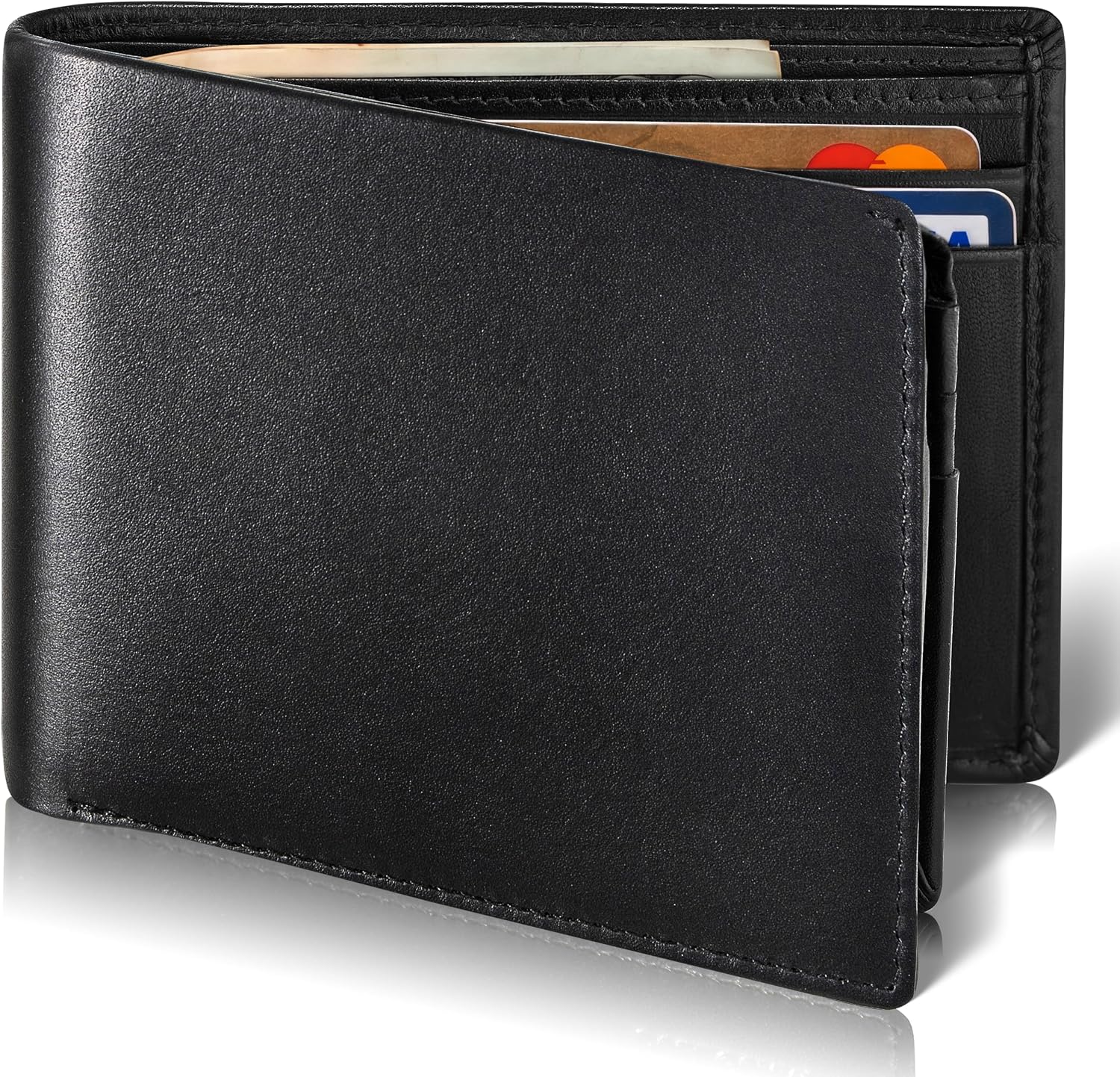BULL GUARD Mens RFID Blocking Bifold Wallet Smooth Soft Nappa Top Grain Leather, Secure and Durable Extra Capacity Billfold with 11 Credit Card Slots, Tight Stitching, Quick Thumb Push Access, No Logo