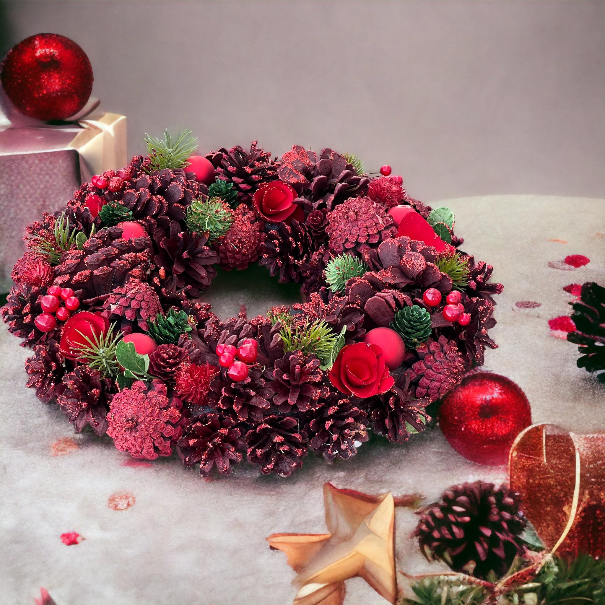 MIJOMA Corona de Navidad con piñas, bonita decoración invernal para pared y puerta, corona de Adviento hecha a mano con piñas, abeto artificial y bayas (rojo/verde)