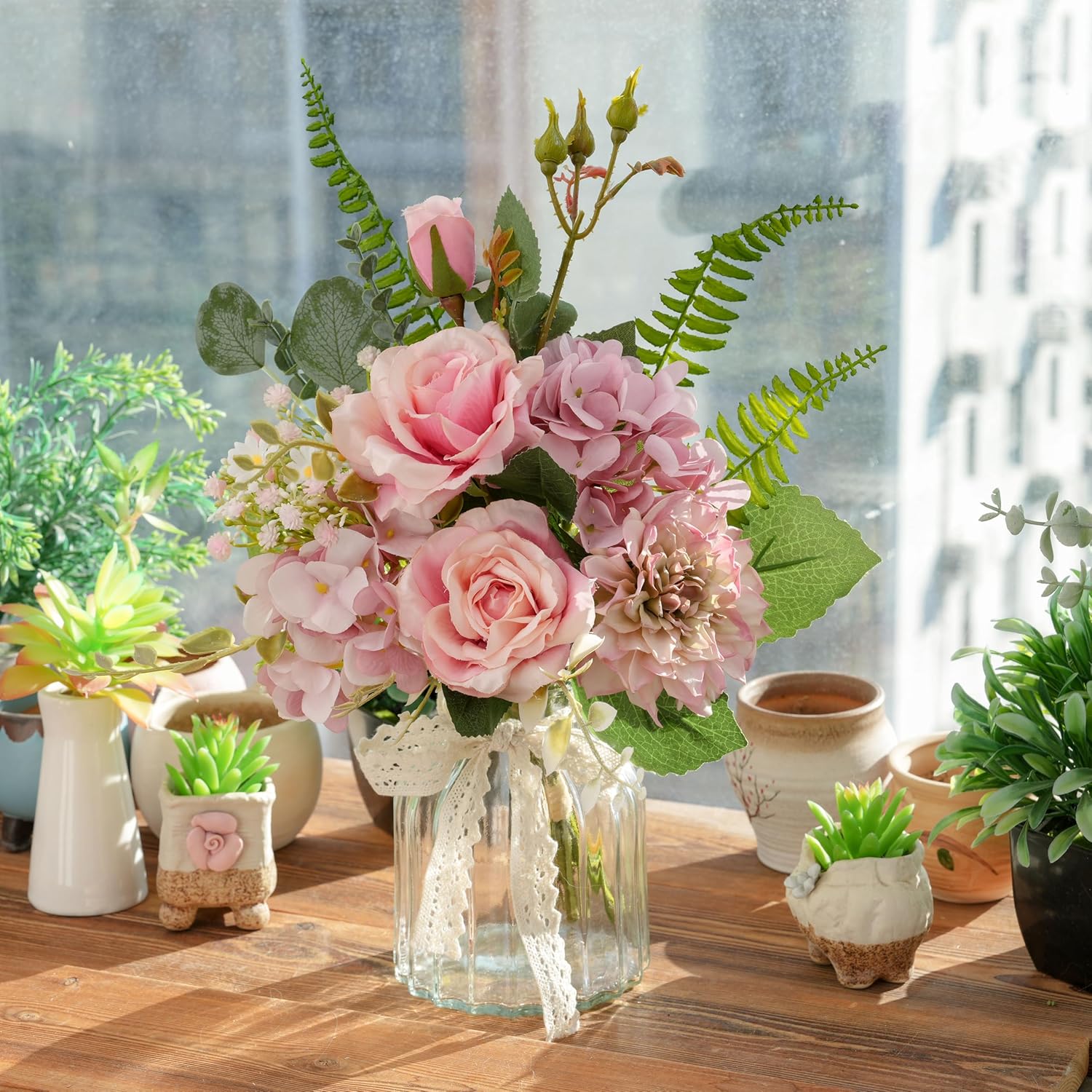 LUEUR Fake Flowers with Vase – Artificial Pink Dahlia & Hydrangea Arrangement, Spring Floral Centerpiece for Coffee Table, Dining Room, Living Room & Farmhouse Home Decor