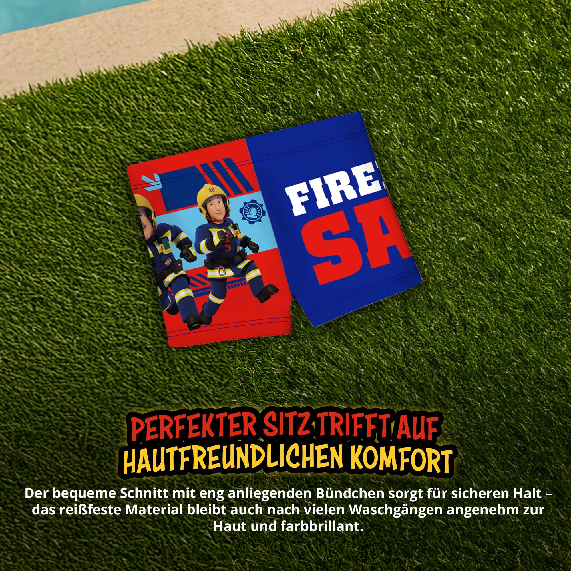 United Labels Feuerwehrmann Sam Badehose für Jungen, Blau Rot, Badeshorts Kinder, Schwimmhose