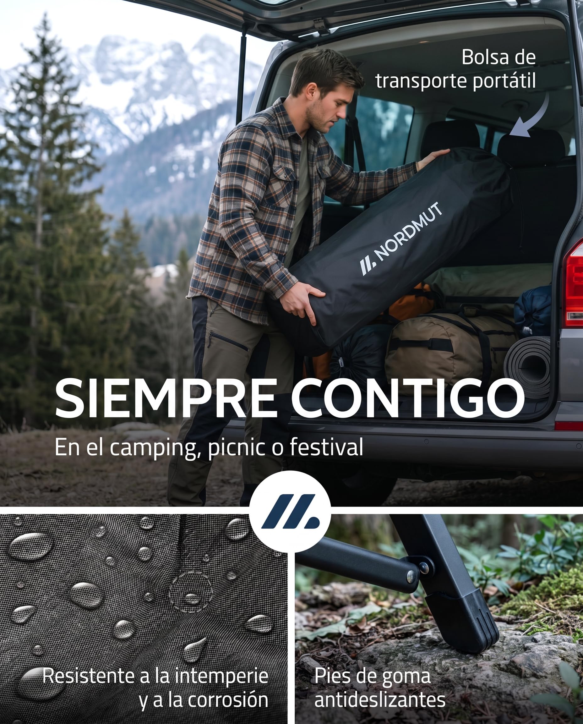 NORDMUT® Silla de Camping Premium Plegable con Respaldo Alto – Ajustable en 4 Posiciones – Cómoda Silla de jardín con Capacidad de 140 kg para Camping y Outdoor (Gris Ceniza 1x)