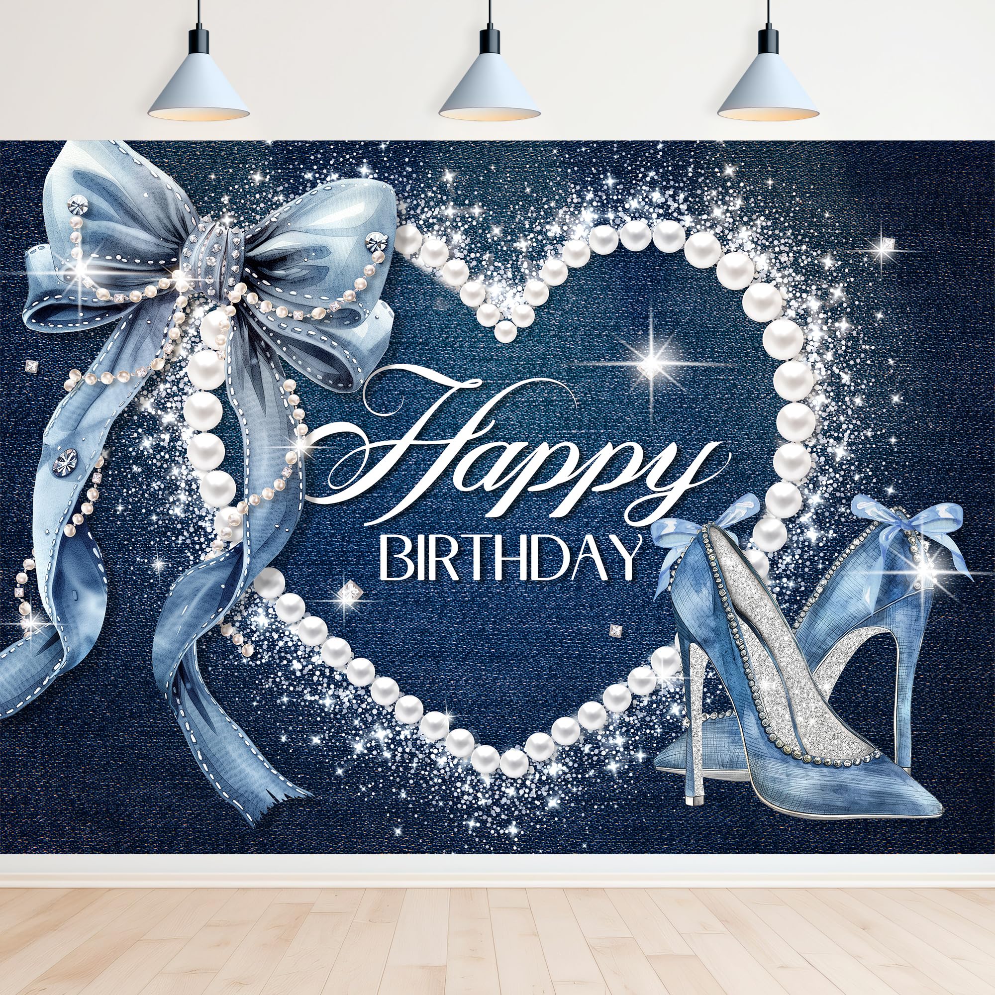 Newsely Denim and Diamonds Bow Backdrop 7Wx5H Photography Blue Coquette Happy Birthday for Women Girls Birthday Banner Background Silver High Heels