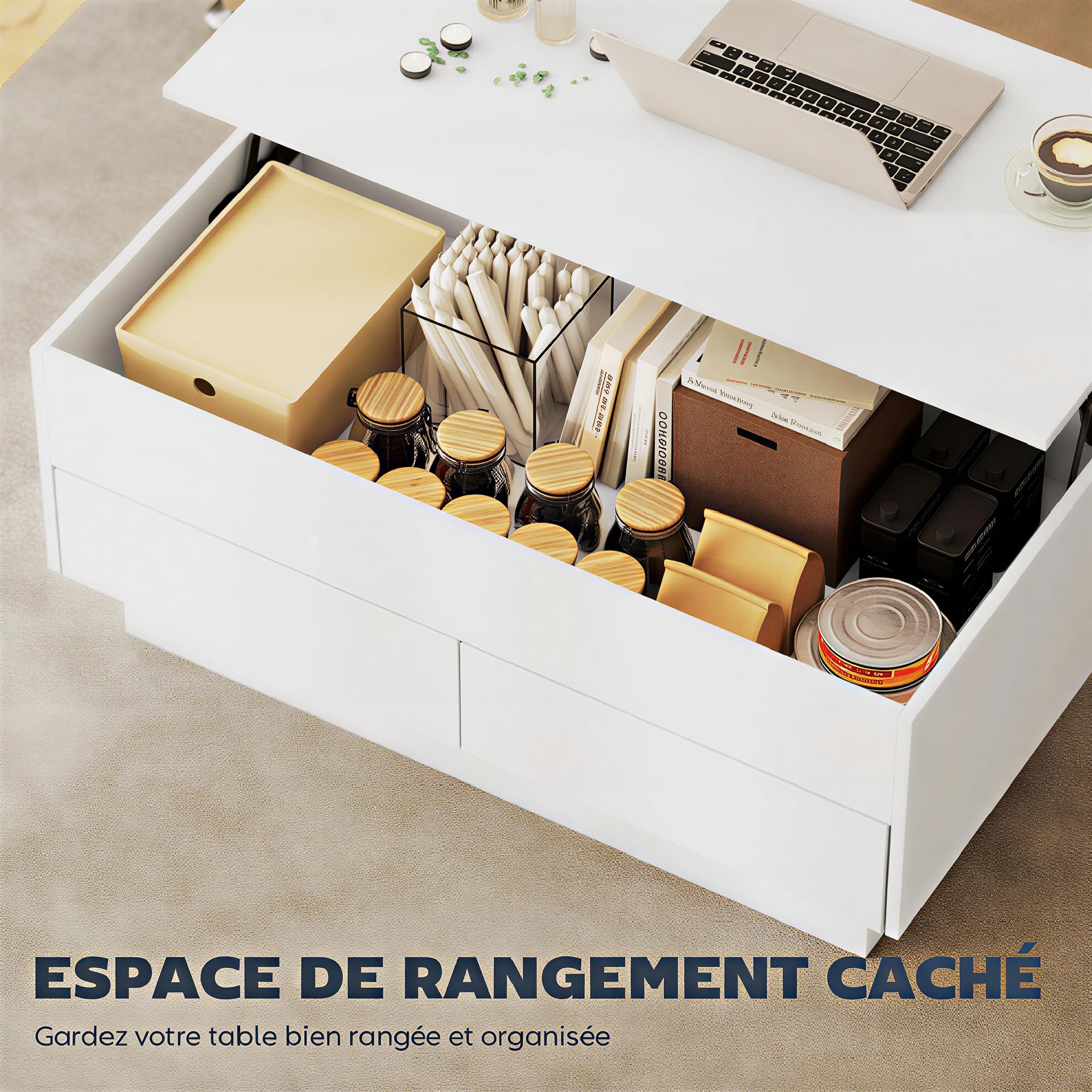 HOMCOM - Mesa baja elevable moderna con compartimento oculto y 2 cajones, mesa de salón para oficina y salón, 100 x 50 x 44 cm, color blanco