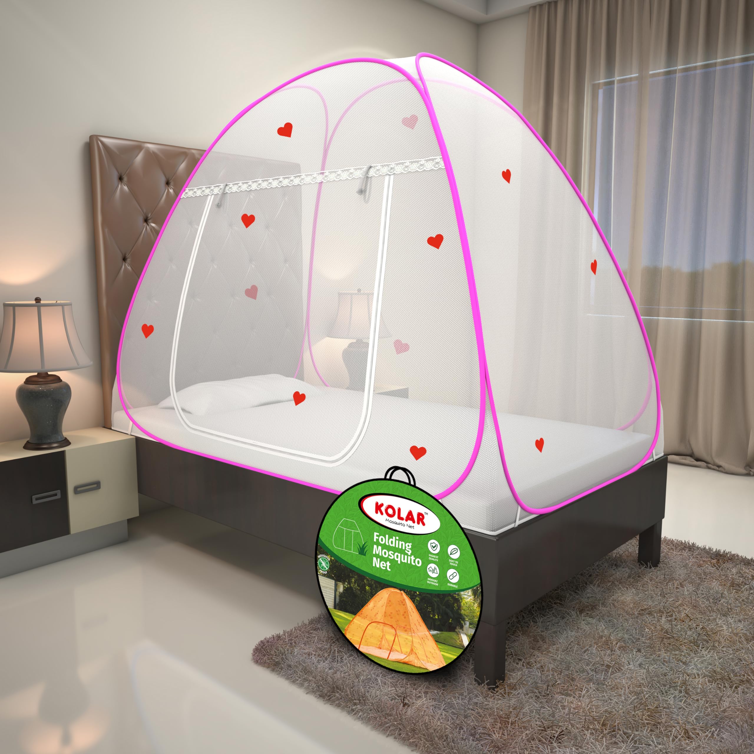 Kolar Mosquito Net for Single Bed | Polyester |Foldable Machardani with Heart Design|Strong and Durable|Tent Type Corrosion Resistant - Pink Color (B0CPQ4YHP9) Amazon Price History, Amazon Price Tracker