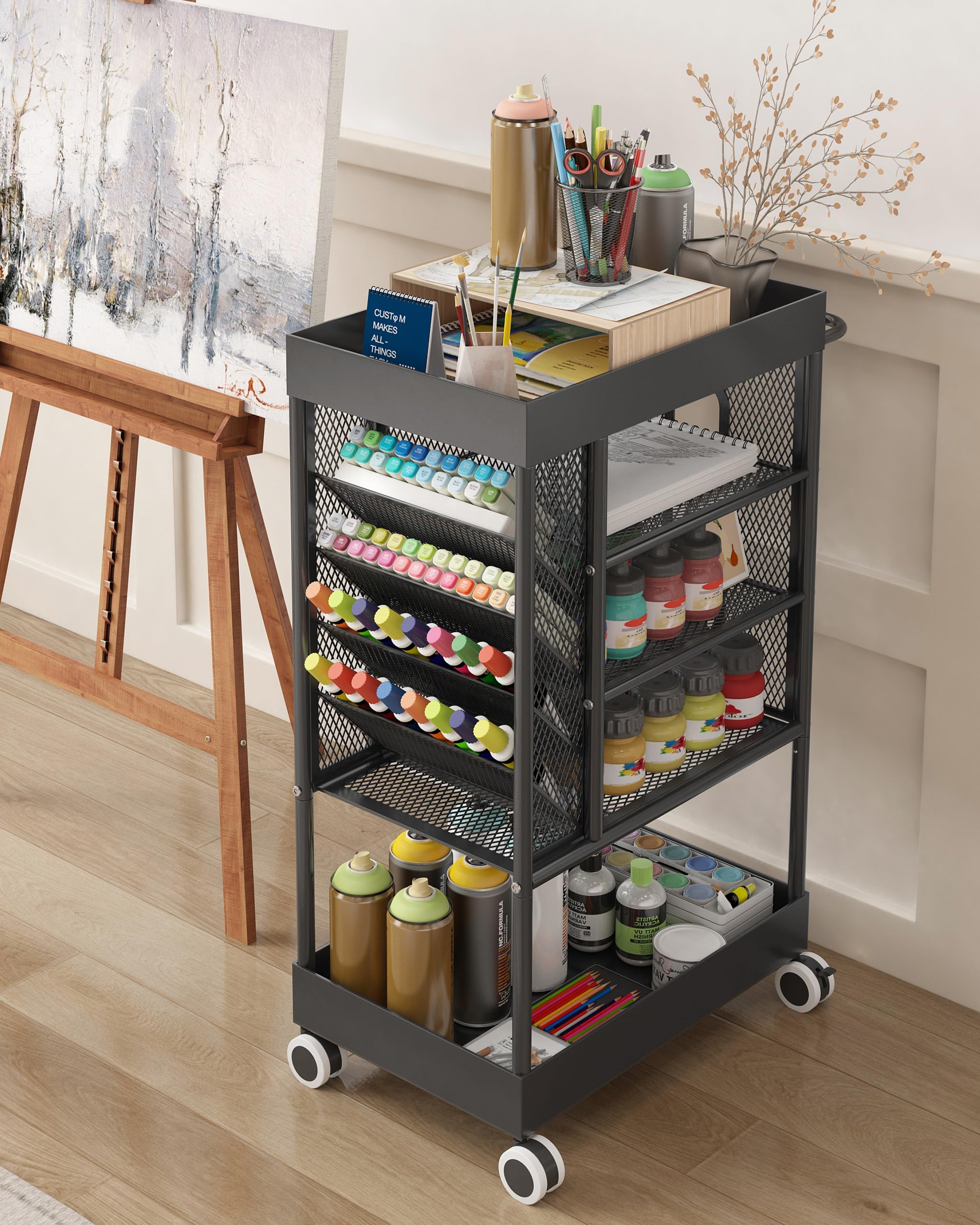 Ornestia 5-Tier Multi-Functional Art cart, Metal Utility Cart with Lockable Wheels, Versatile Art Supply Storage Organizer Cart, Storage for Brushes, Paints(Black)