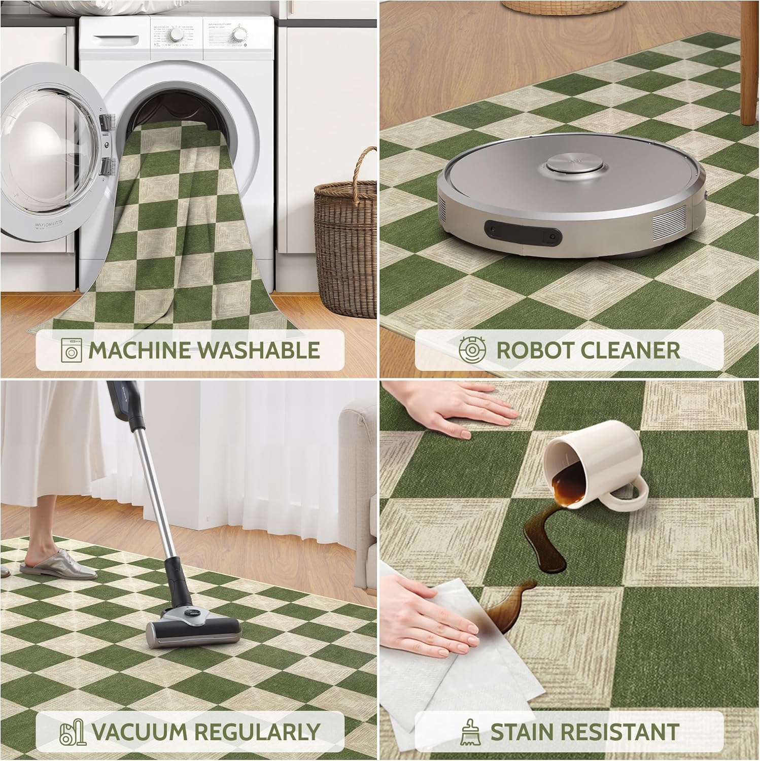 Washable Green Checkered Rug 5x7, Non-Slip Low Pile Area Rug for Living Room, Bedroom, Nursery, Modern Neutral Farmhouse Checkerboard Carpet, Pet & Kid Friendly - Image 4