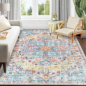 Pauwer Boho Area Rug 5x7 Washable Rugs for Living Room Vintage Non Slip Area Rug Ultra Soft Throw Rugs Carpet for Bedroom Dining Room Dorm