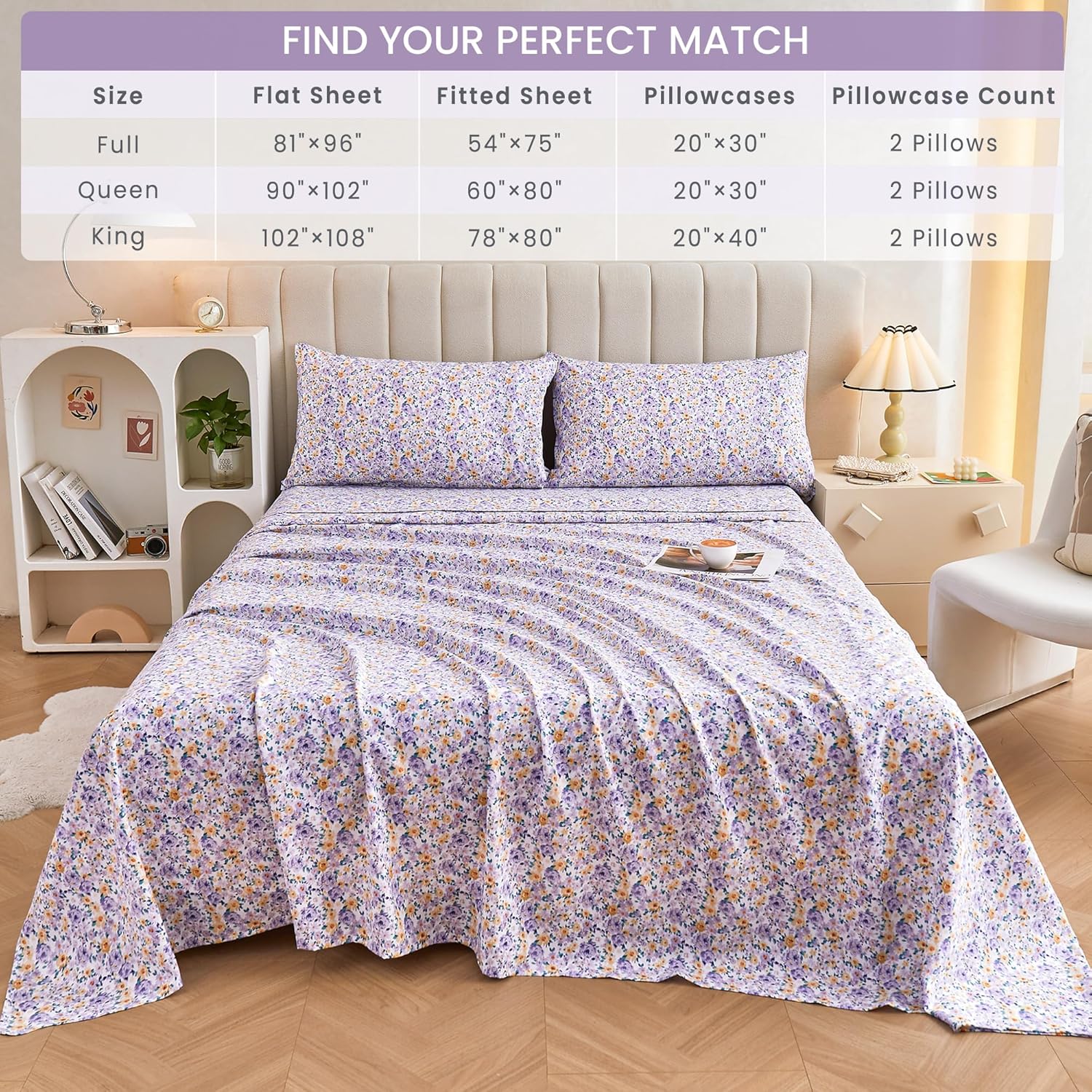 Mooreeke Floral Queen Bed Sheets, Soft Microfiber Printed Bedding Sheets & Pillowcases, Deep Pocket Non-Slip Vintage Queen Sheet, Purple Yellow Flower Pattern Bedsheets - Image 6