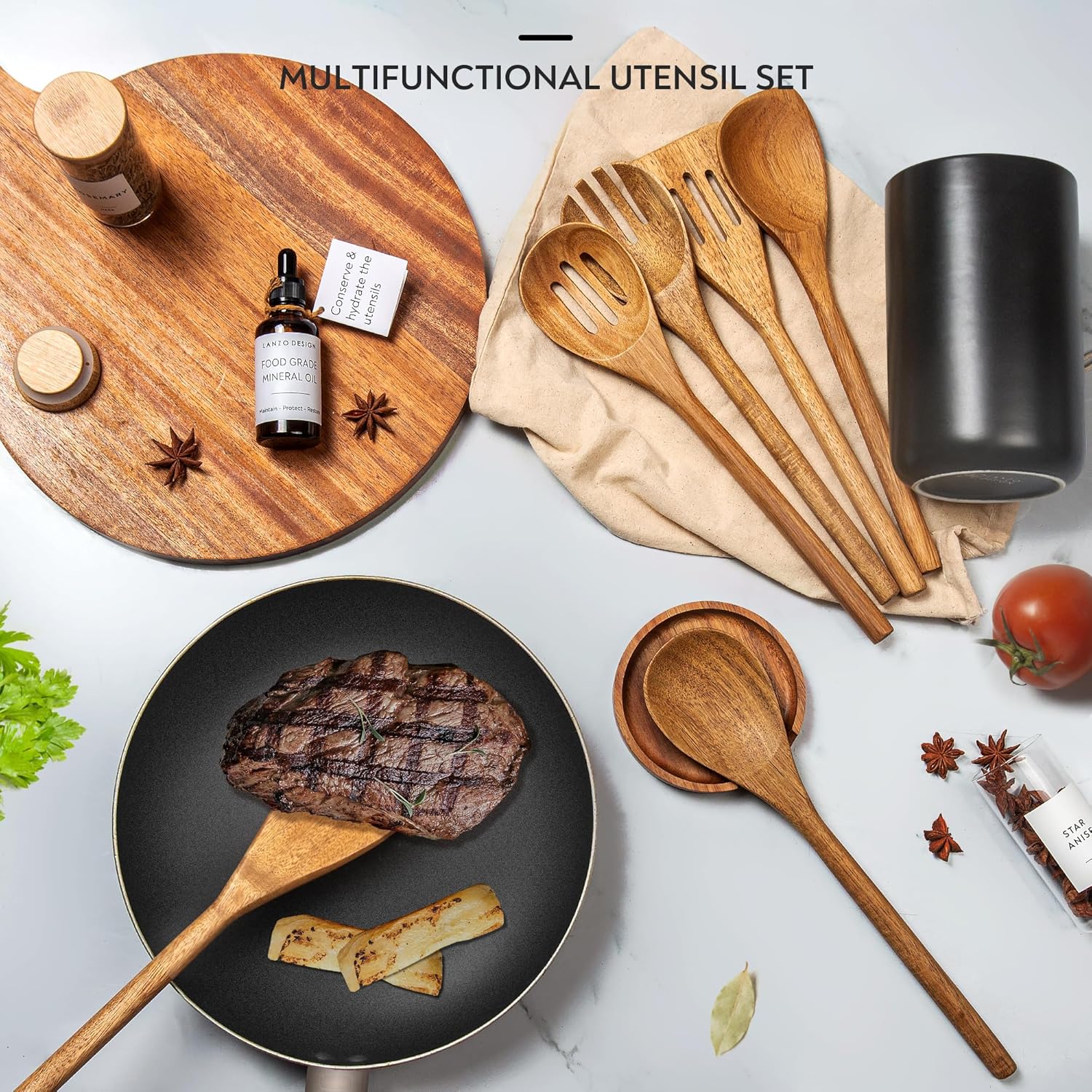 Kitchen Utensil Set, 8 pcs Wooden Cooking Utensils Spatula Set with Ceramic Holder (Black Holder)