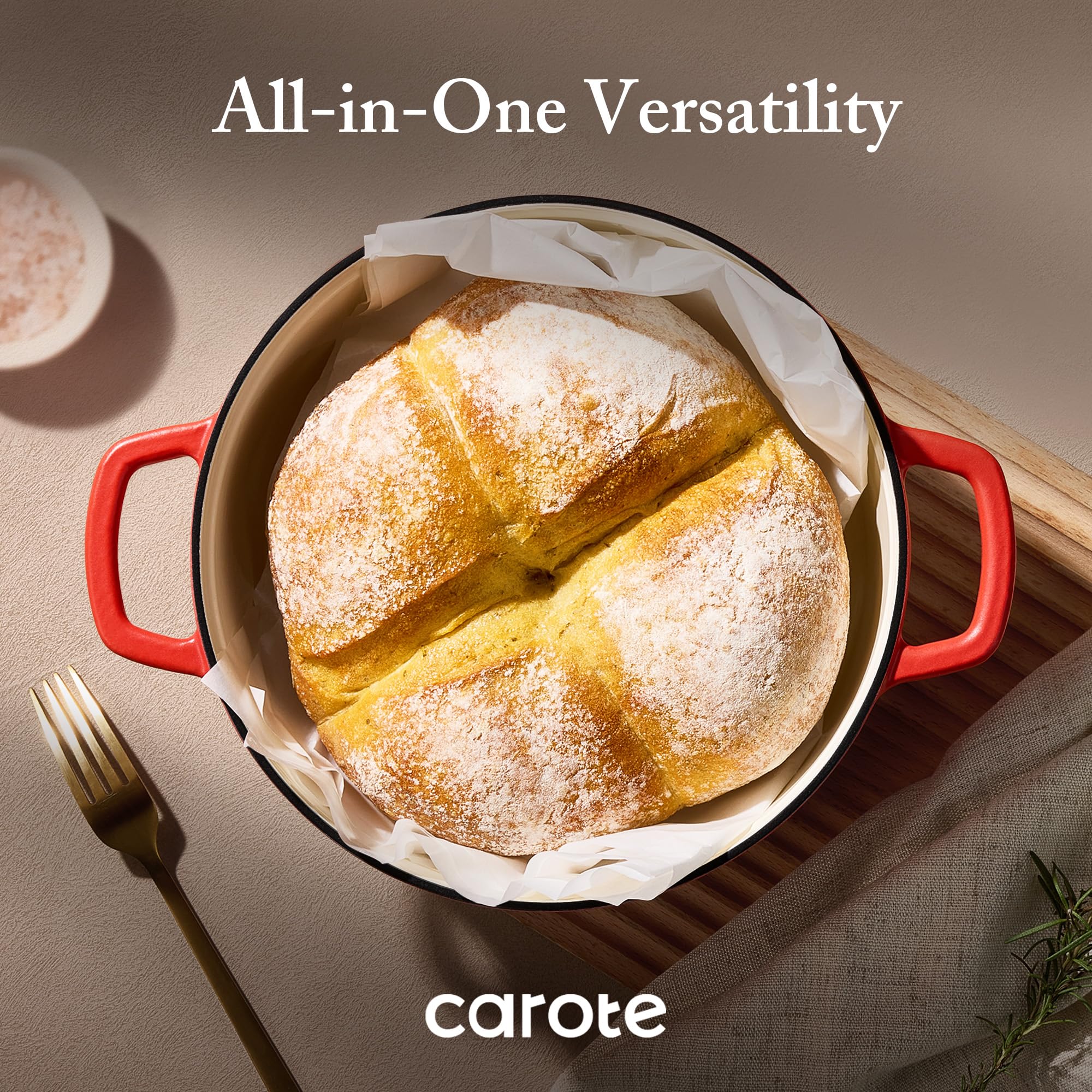 CAROTE Schmortopf aus emailliertem Gusseisen mit Deckel, 4 QT Dutch Ovens, robuster Gusseisentopf zum Backen, Schmoren, Eintöpfen, Braten, gesund und ungiftig, Doppelgriffe, alle Herdplatten