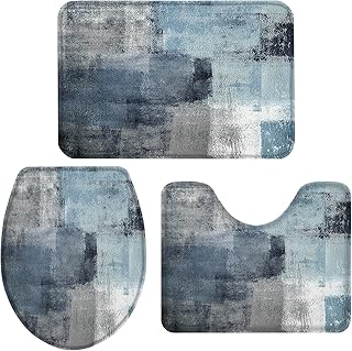 Queenker Dusty Blue Bath Rug Set 3 Pieces,Toilet Seat Cover/Contour Rug/Pedestal Mat and Toilet Lid Cover,Geometric Abstract Art Painting Grey Bathroom Mats Set,Non-Slip Bathroom Rugs Larger