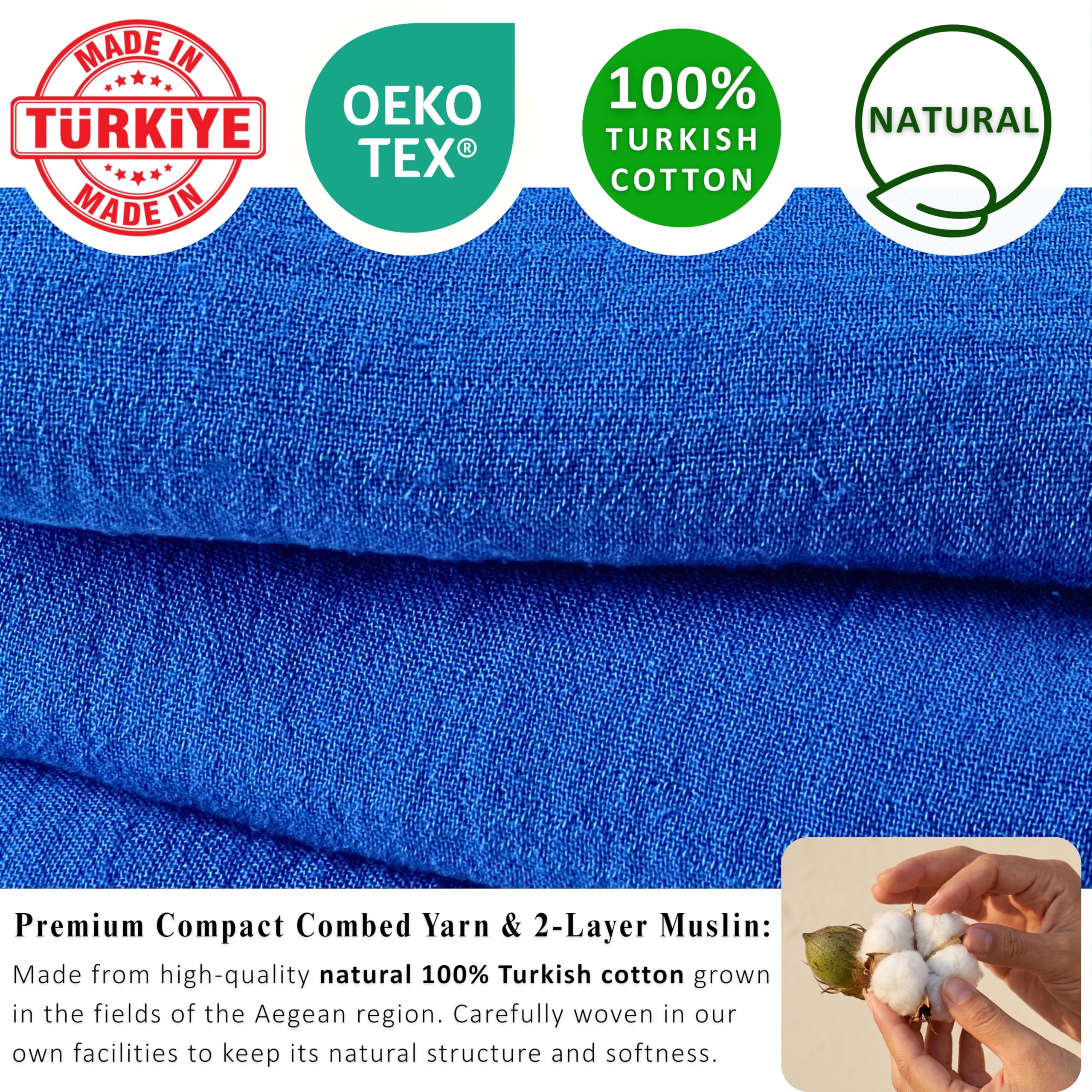 Badetücher 2er Set Luxus Musselin Handtücher für Erwachsene - Luxus 100% türkische natürliche Baumwolle Musselin Stoff Hamamtücher - Extra weich, saugfähig, schnell trocknend, leicht (Blau)