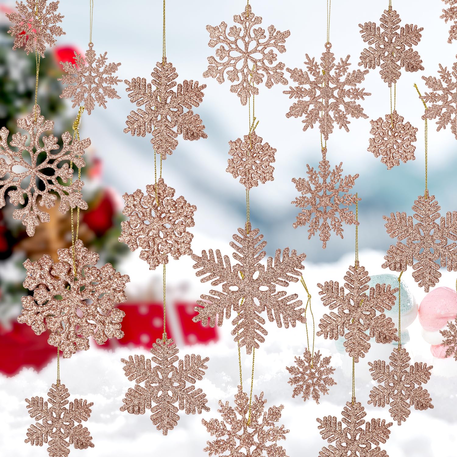 48pcs Rose Gold Plastic Snowflake Decorations Christmas Tree Ornaments Glitter Snow Flakes Ornaments Christmas Indoor Winter Wonderland Decor，3 Sizes， 3Styles