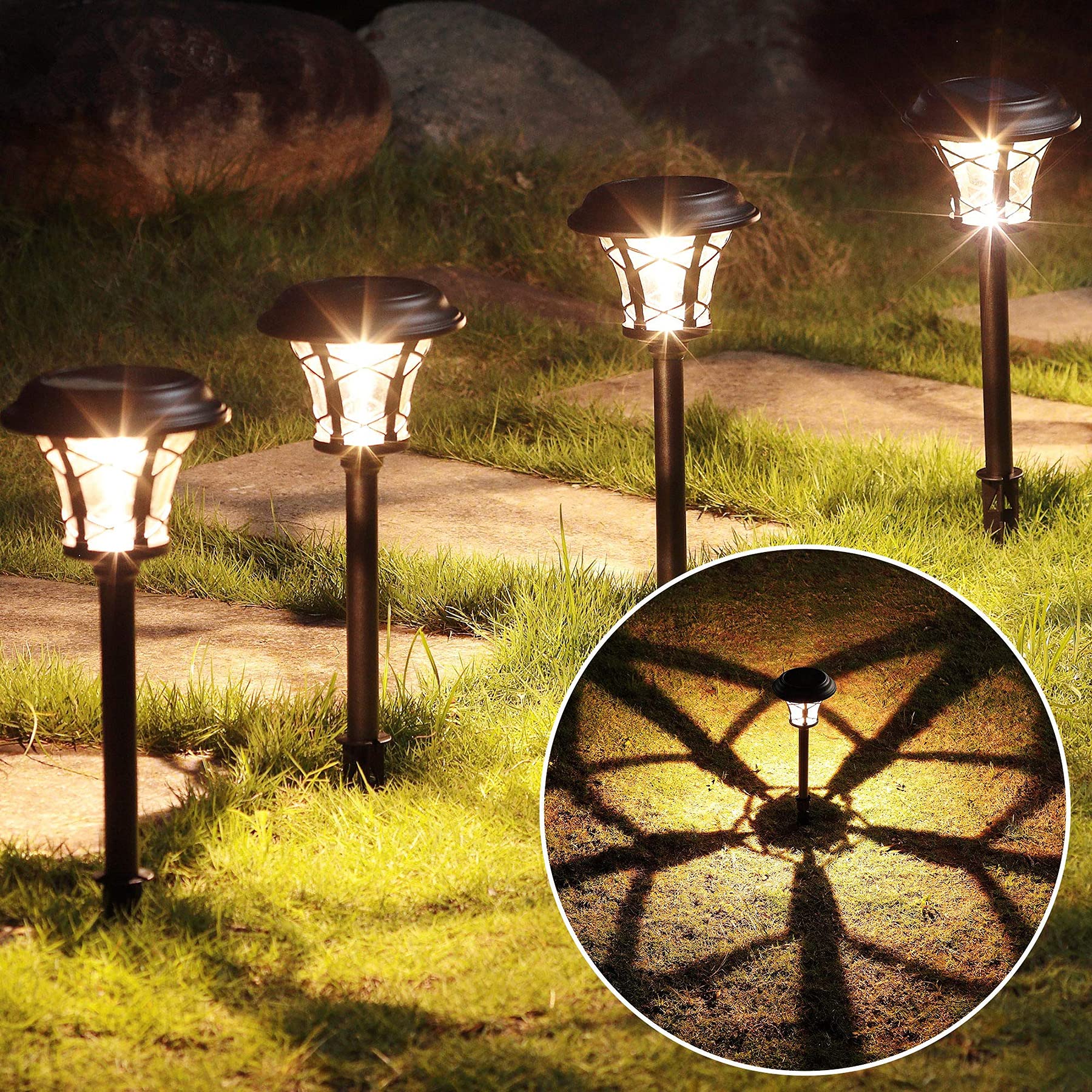 6 Pack Solar Garden Lights LED 25 Lumen Solar Landscape Pathway Lights Stainless Steel & Glass Waterproof Ground Lights for Lawn, Patio, Yard, Garden, Deck Driveway, Warm White