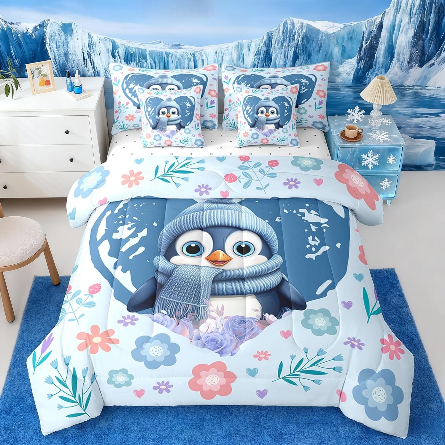 Manfei Cute Sloth Comforter Set 7 Pcs,Kawaii Wild Animal Jungle Branch Bedding Set,Nature Flowers Leaves Graffiti Purple(Comforter+Fitted+Flat Sheet+2 Pillowcases+2 Throw Pillow Covers),Twin