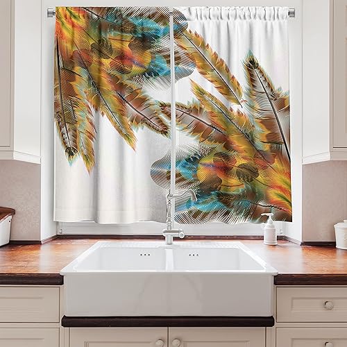 Miniatura 2 de Ambesonne Cortinas tribales de cocina, plumas, estilo de vida bohemio, imagen hippie prehistórica, juego de 2 paneles para decoración de cocina