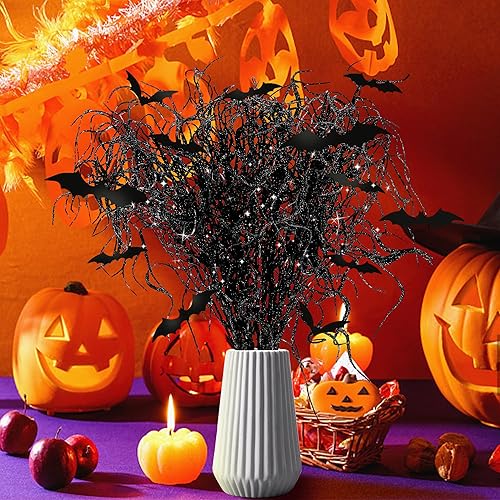 Vista 13 de Watayo 12 Pcs Halloween Artificial Curly Willow Branches, Fake Black Silver Glitter Curly Twig Stems Ornaments, Faux Halloween Glitter Sticks