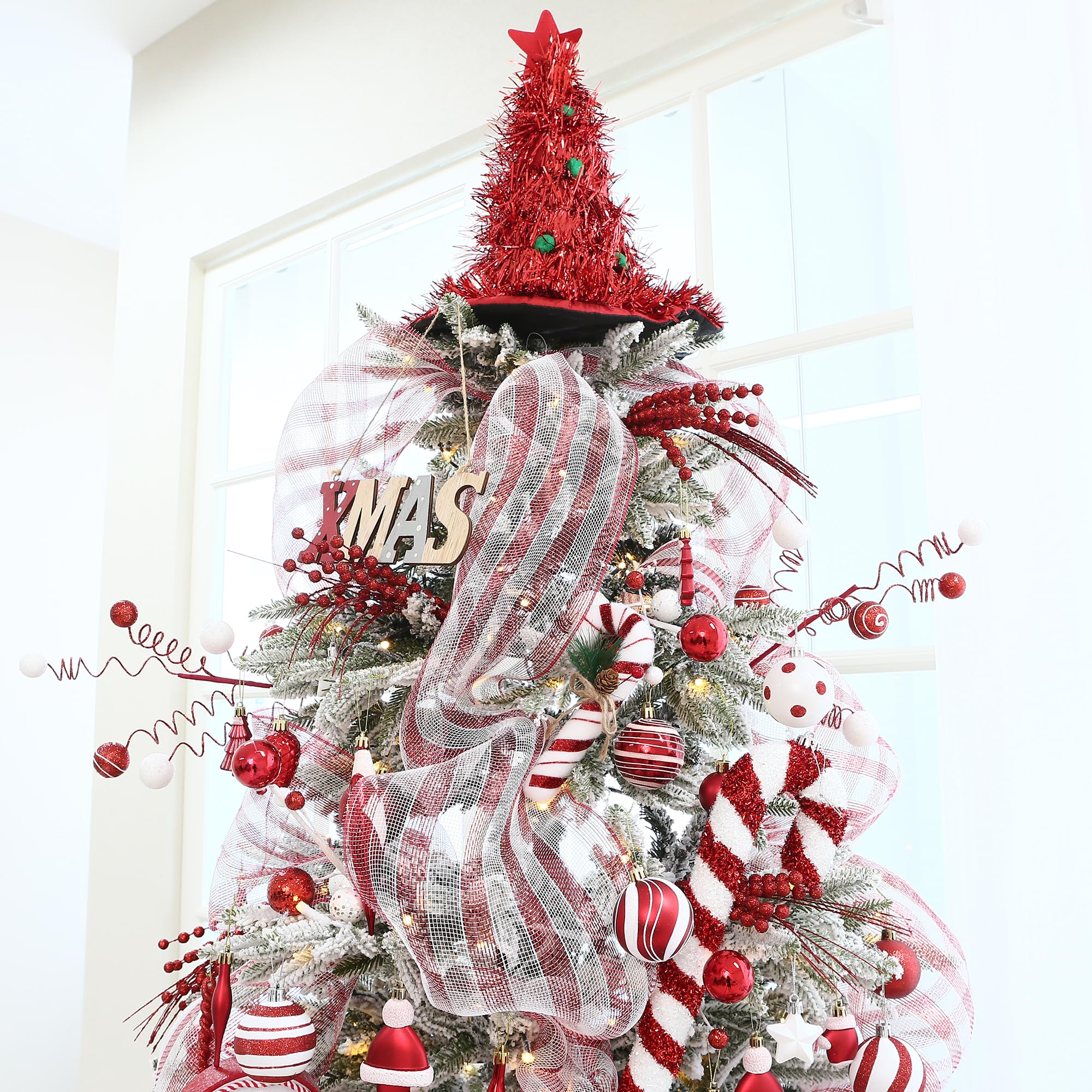 Sea Team Lot de 130 boules de Noël incassables assorties en plastique - Décoration de sapin de Noël, pendentifs, boules décoratives avec étoile de haut d'arbre pour sapin de Noël, guirlande (rouge)