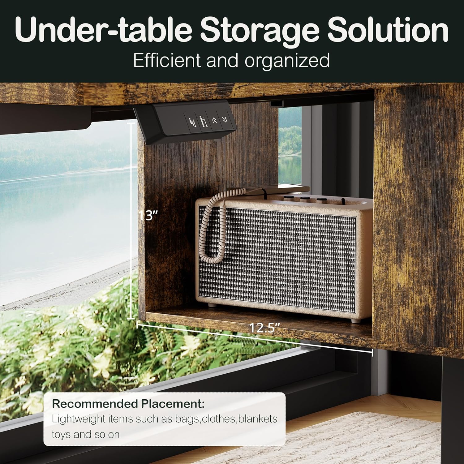 Close-up of the under-table open storage cube, showing a speaker and books inside.
