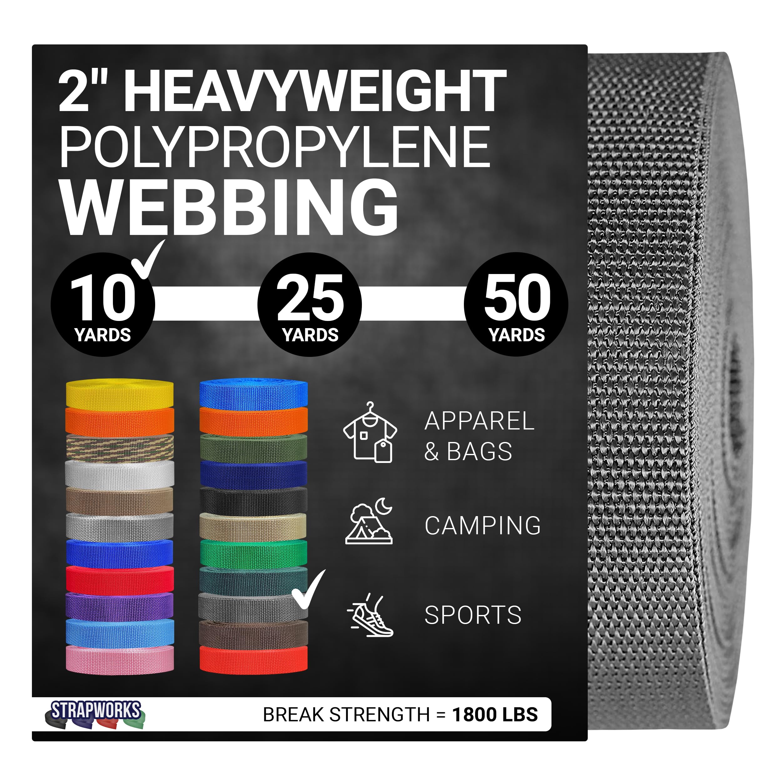 Strapworks Heavyweight Polypropylene Webbing - Heavy Duty Poly Strapping for Outdoor DIY Gear Repair, 2 Inch x 10 Yards - Charcoal — image 1