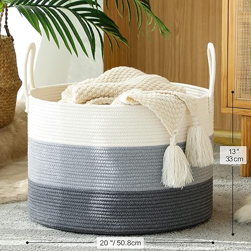 Miniatura 36 de KAKAMAY Cesta grande para manta (20 x 13 pulgadas), cestas tejidas para almacenamiento de ropa sucia de bebé, canasta de manta de cuerda de algodón