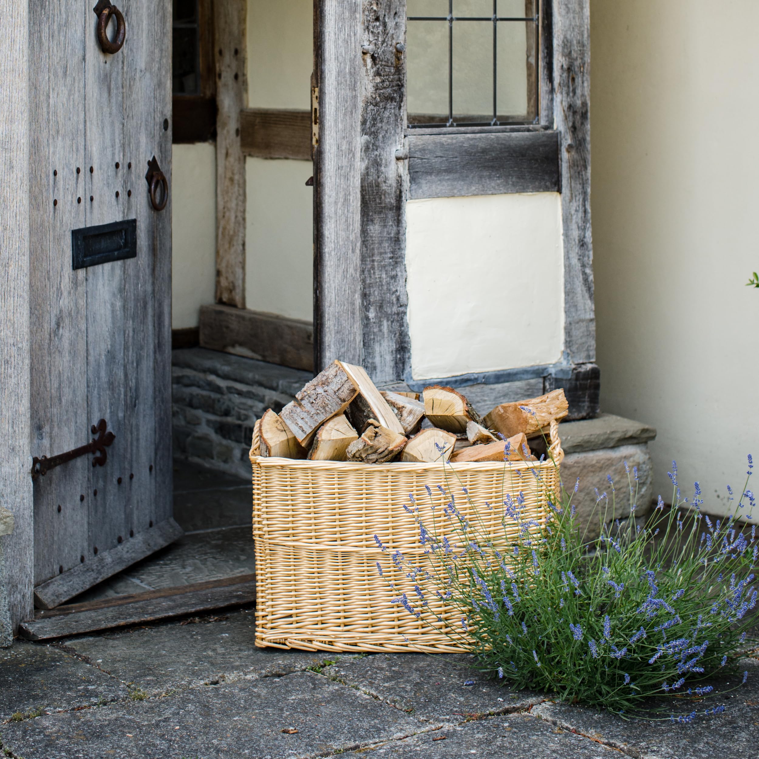 Panier de luxe rectangulaire en osier avec doublure et poignées (moyen, naturel)