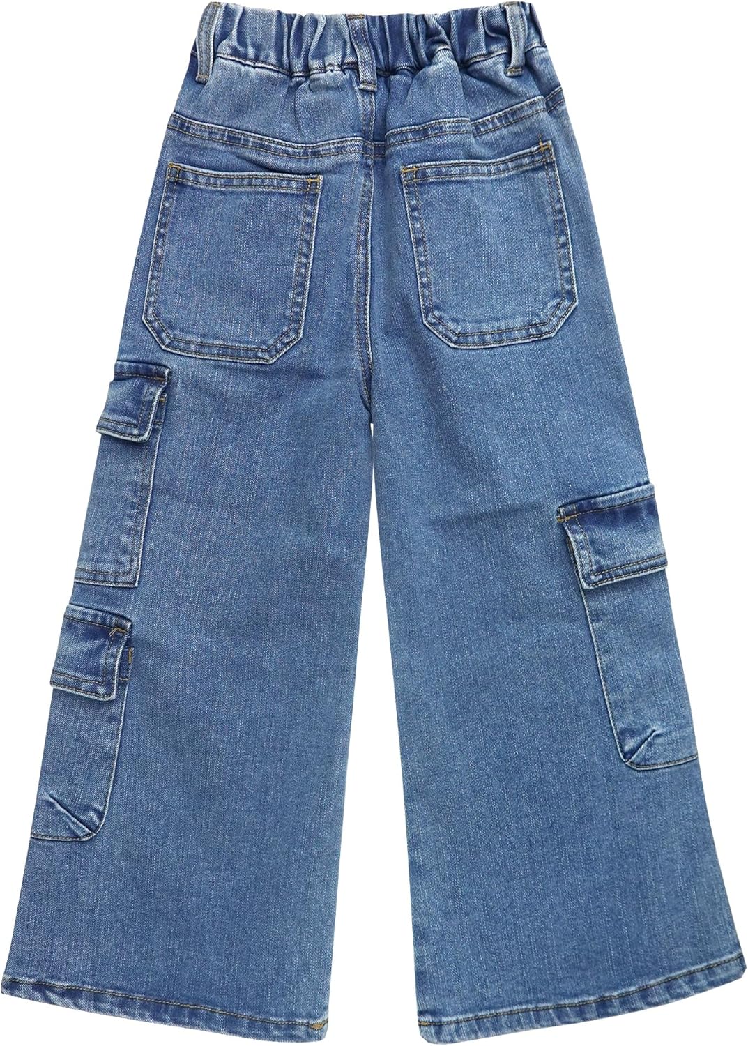 KIDSCOOL SPACE 7-Pocket Girls Wide-Leg Stretch Denim Pants, 5-14T Ribbed Elastic Waist with D-Ring Cargo Jeans - Image 2